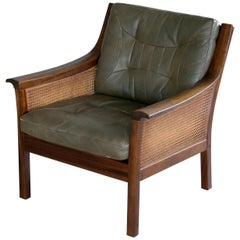 Chaise longue en hêtre et cuir olive avec canne tissée par Torbjorn Afdal