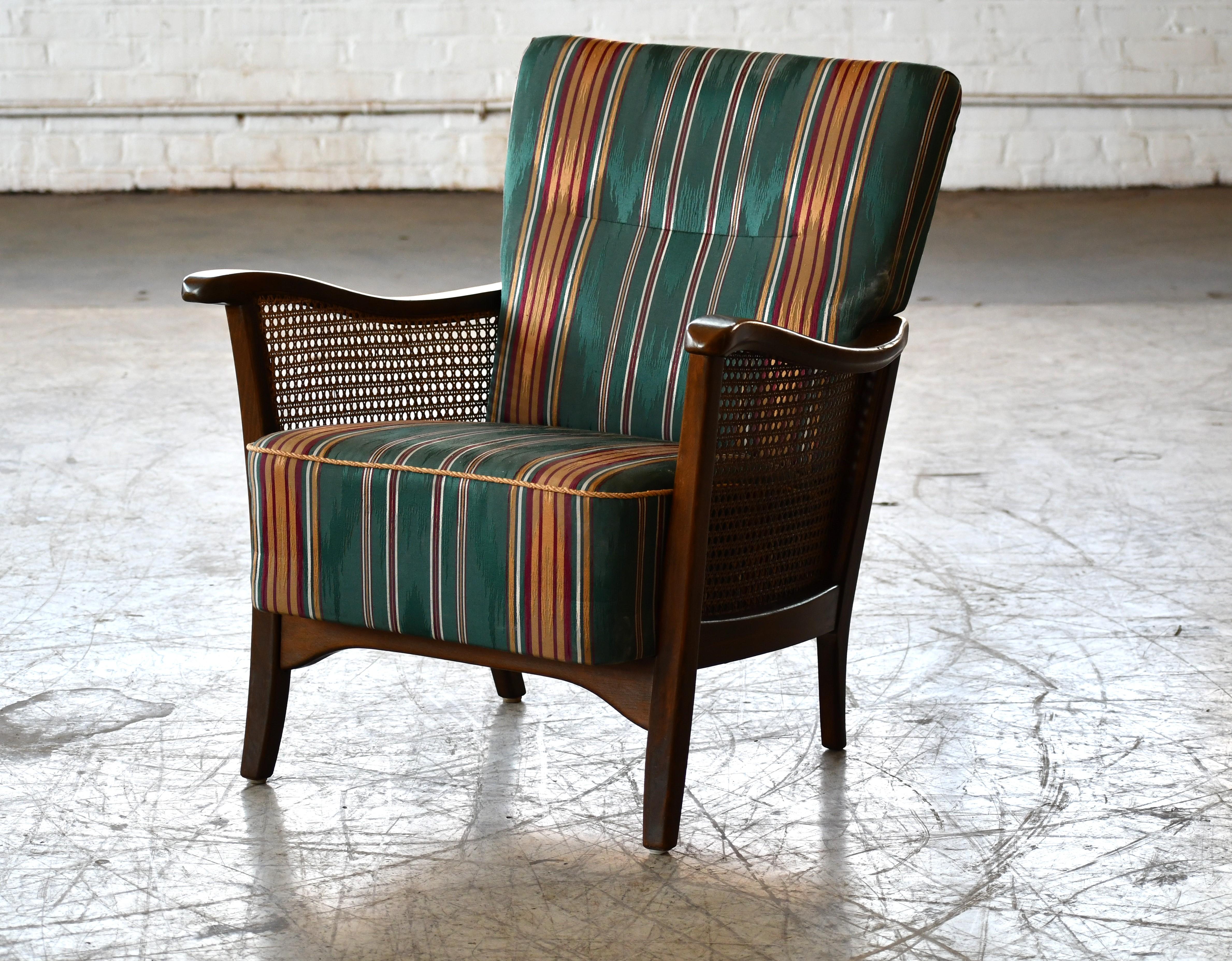 Danish Lounge Chair in Beech and Woven Cane For Sale