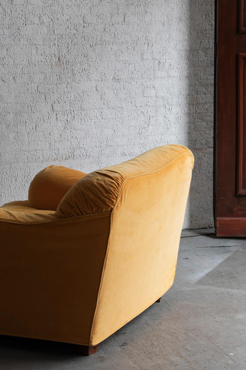 Velvet Lounge Chair in Bright Yellow Velours, 1980s For Sale