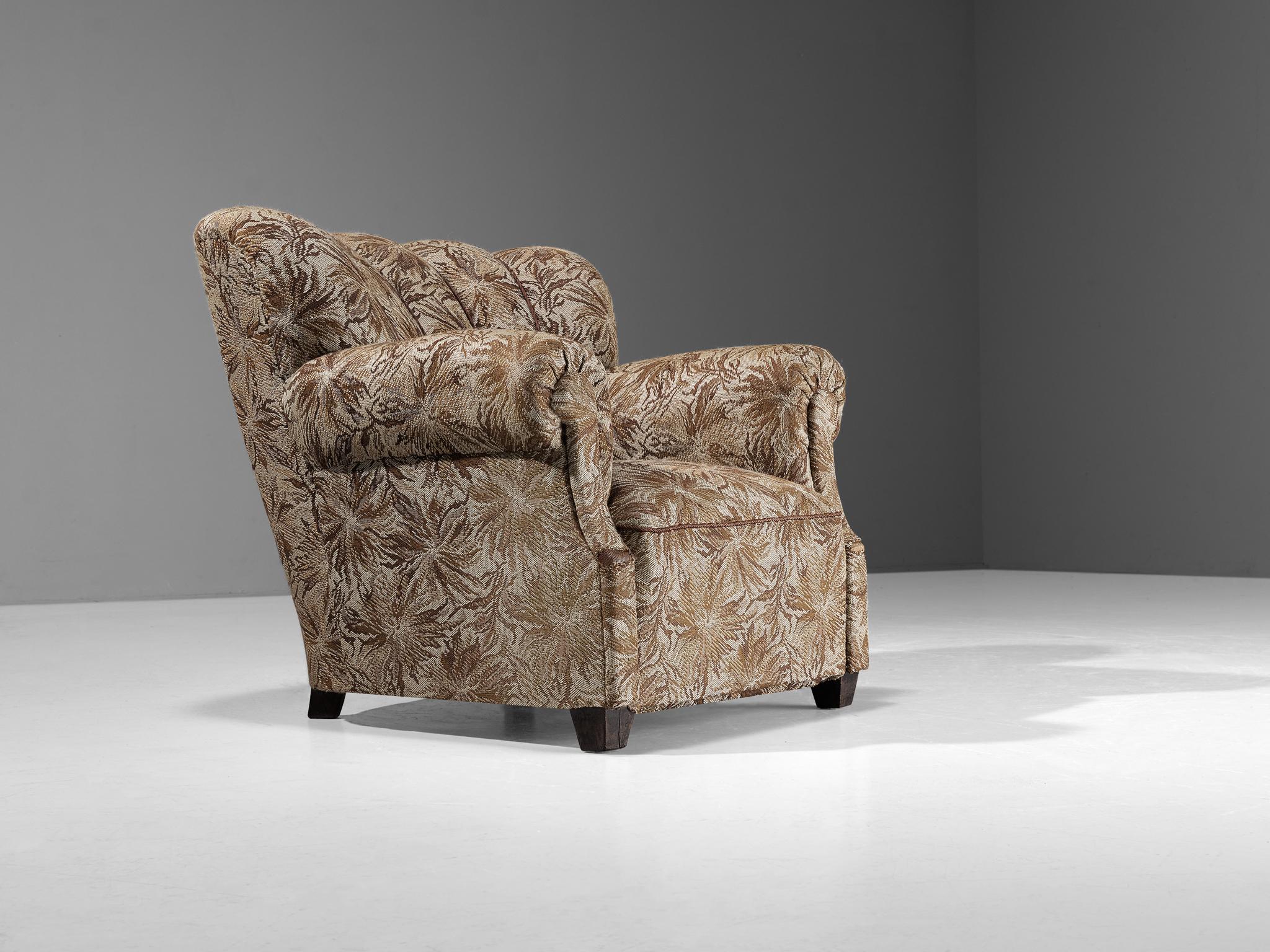 Fabric Lounge Chair in Brown and Beige Floral Upholstery For Sale