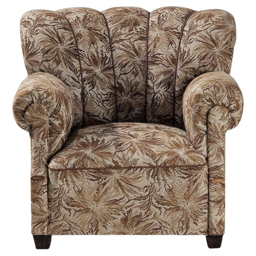Lounge Chair in Brown and Beige Floral Upholstery For Sale