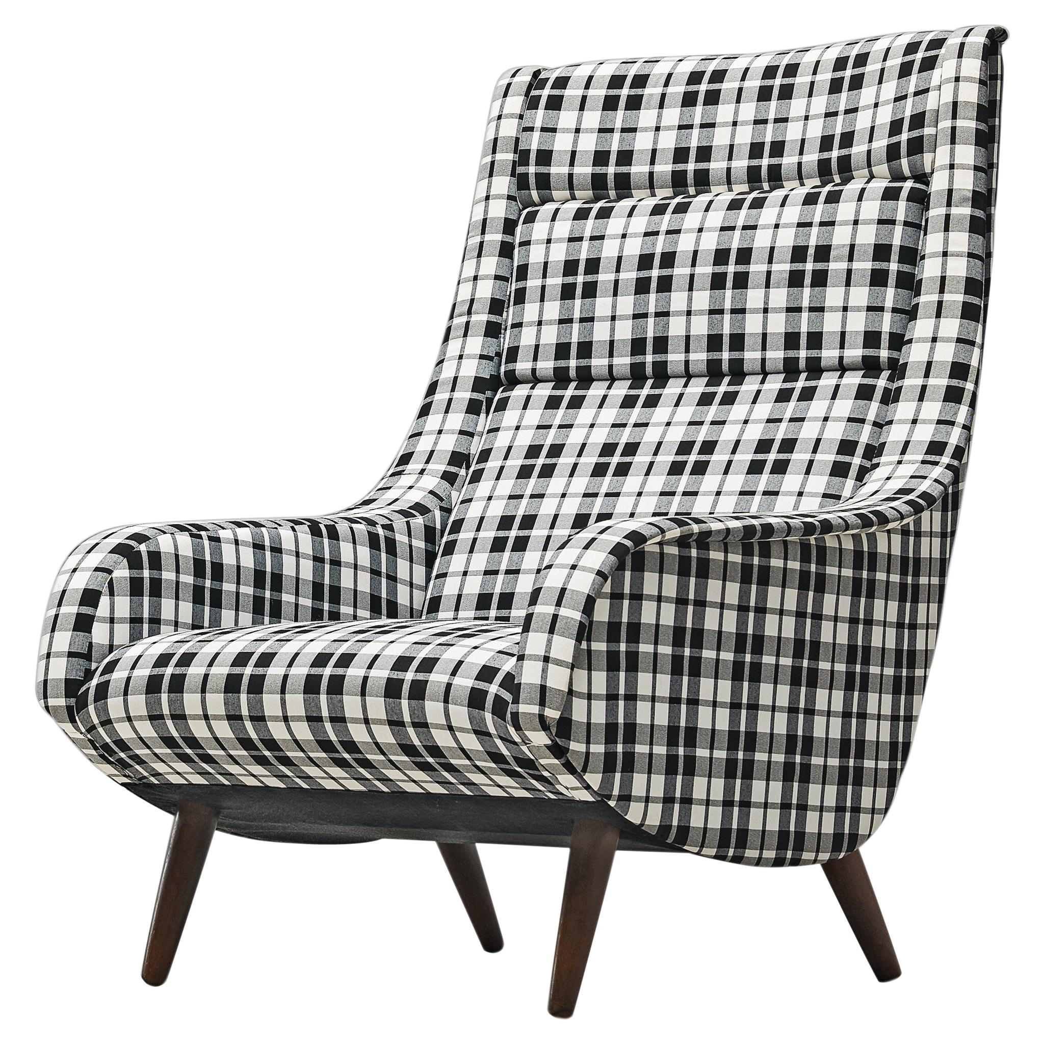 Danish Lounge Chair in Reupholstered Checkered Upholstery