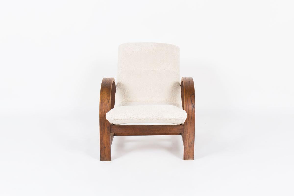 French Lounge Chair in Oak Art Deco Design 1930 Brown and White, Fabric, from France