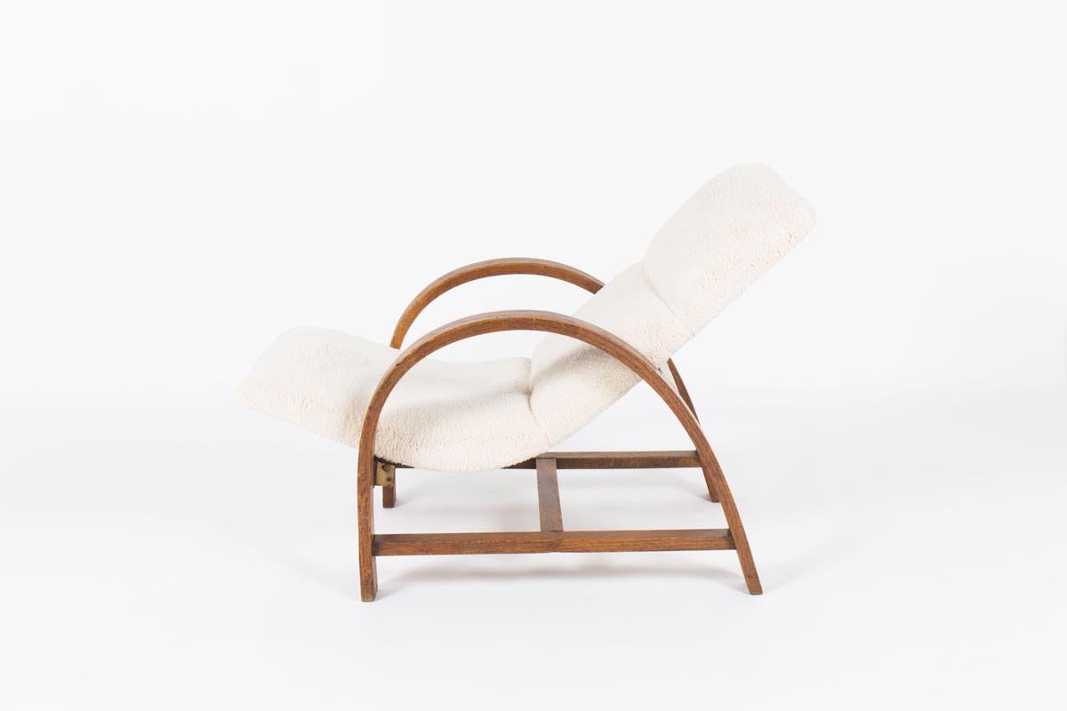 Lounge Chair in Oak Art Deco Design 1930 Brown and White, Fabric, from France In Good Condition In Auribeau sur Siagne, FR