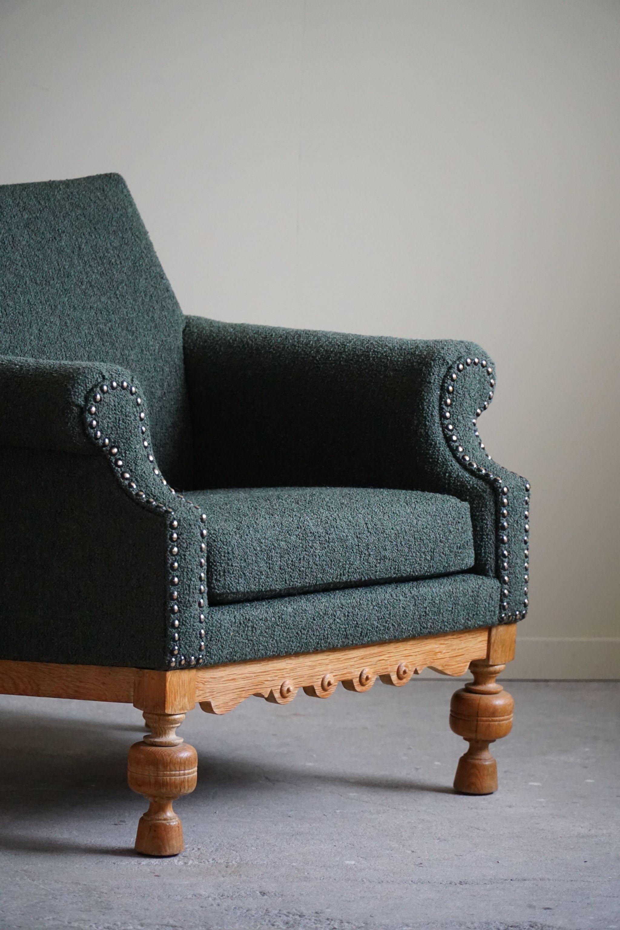 Fabric Lounge Chair in Oak & Green Bouclé, Danish Mid-Century Modern, 1950s For Sale