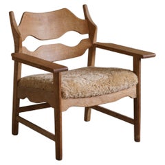 Lounge Chair in Oak & Lambswool, Henning Kjærnulf, "Razorblade", Danish Modern