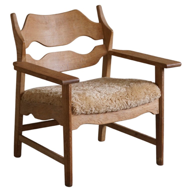 Lounge Chair in Oak and Lambswool, Henning Kjærnulf, "Razorblade