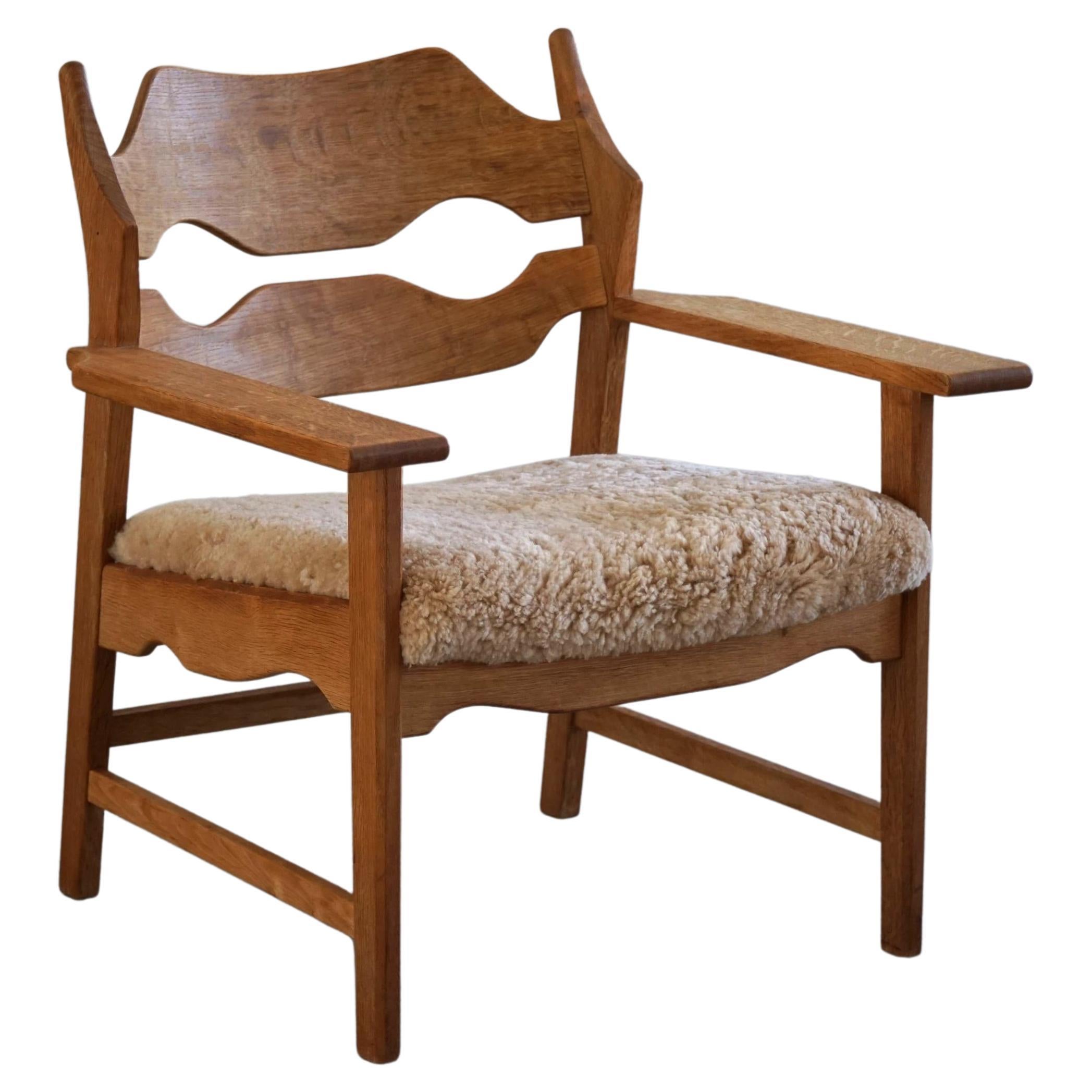 Lounge Chair in Oak & Lambswool, Henning Kjærnulf, "Razorblade", Danish Modern For Sale