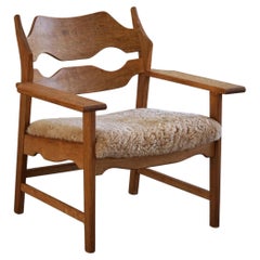Vintage Lounge Chair in Oak & Lambswool, Henning Kjærnulf, "Razorblade", Danish Modern