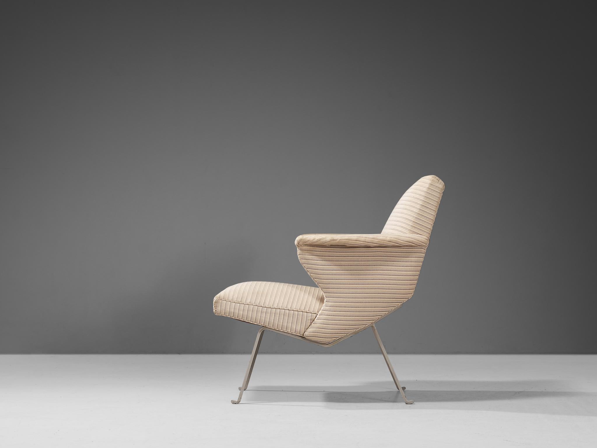 Mid-Century Modern Lounge Chair in Off-White Striped Upholstery and Steel For Sale