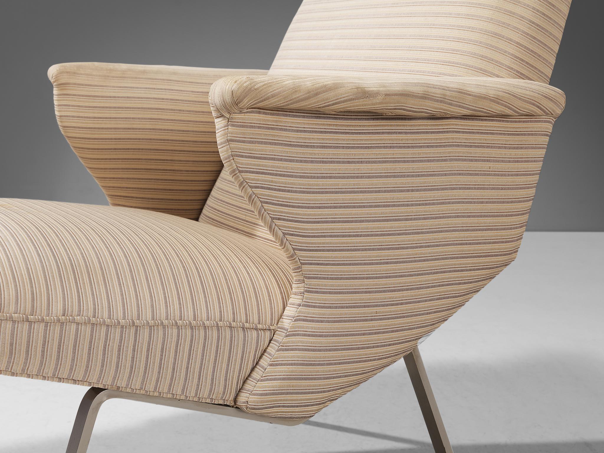 European Lounge Chair in Off-White Striped Upholstery and Steel For Sale