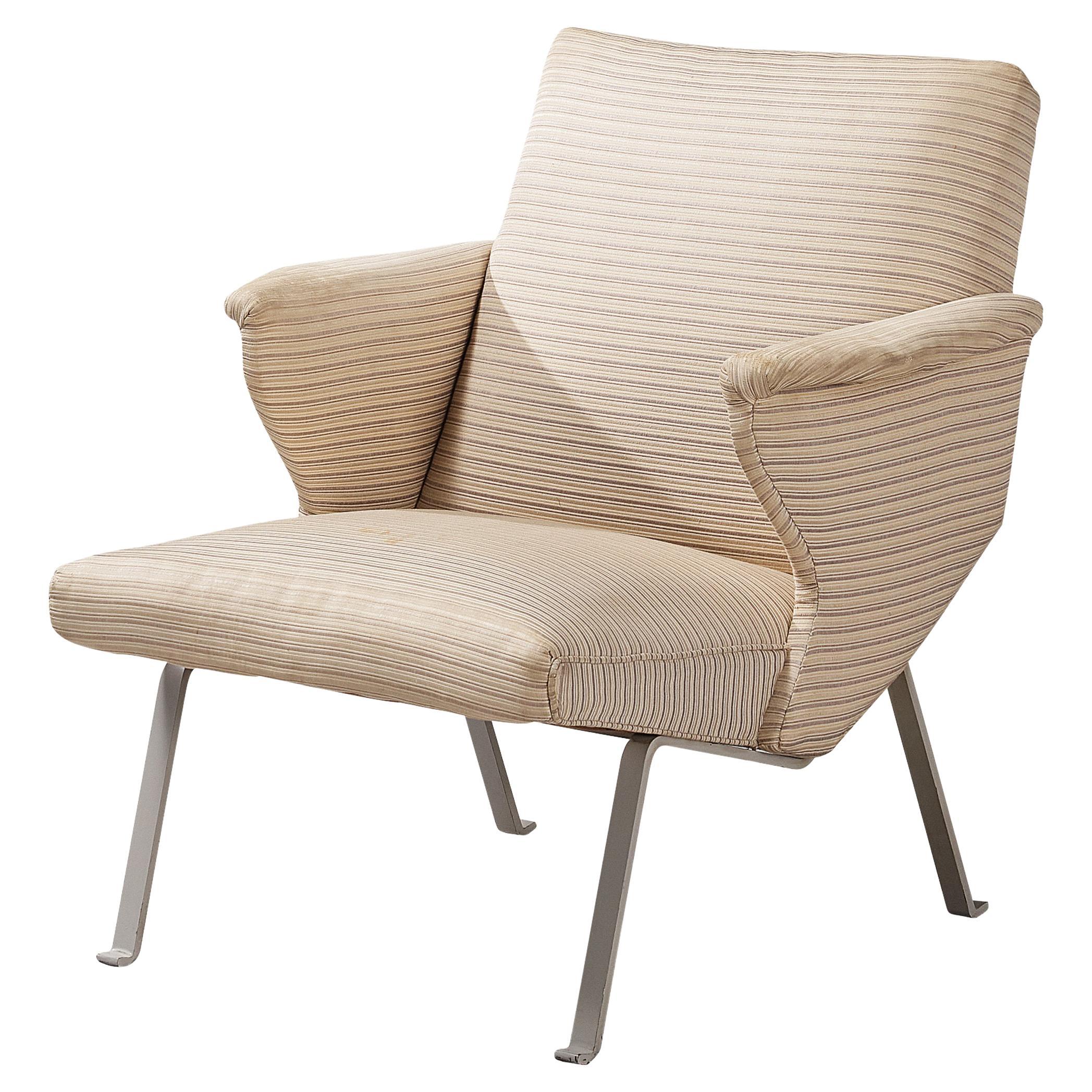 Lounge Chair in Off-White Striped Upholstery and Steel For Sale