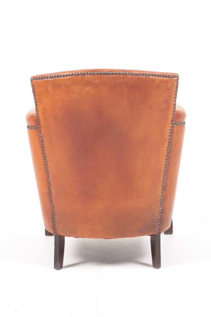 Swedish Lounge Chair in Patinated Leather and Boucle Designed by Otto Schulz