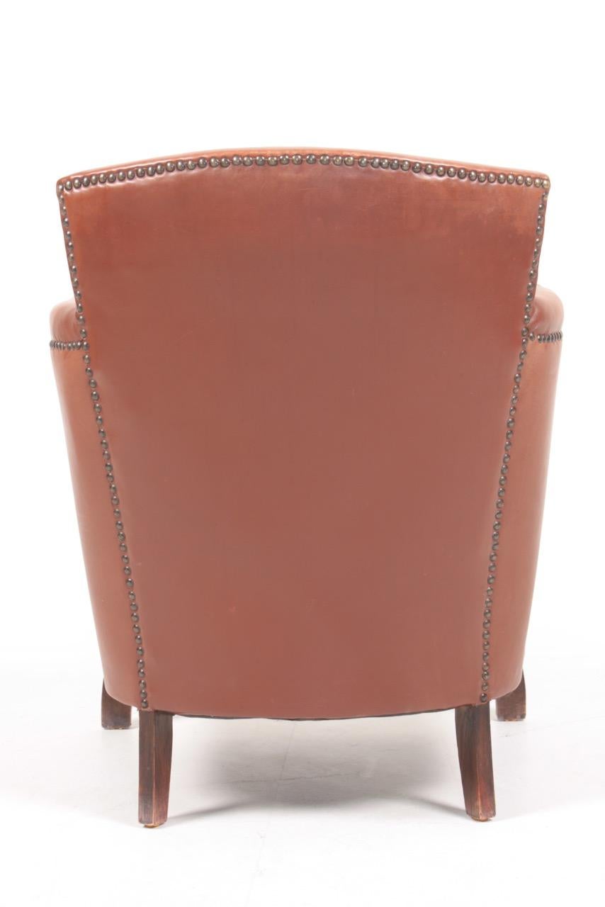 Brass Lounge Chair in Patinated Leather and Boucle Designed by Otto Schulz