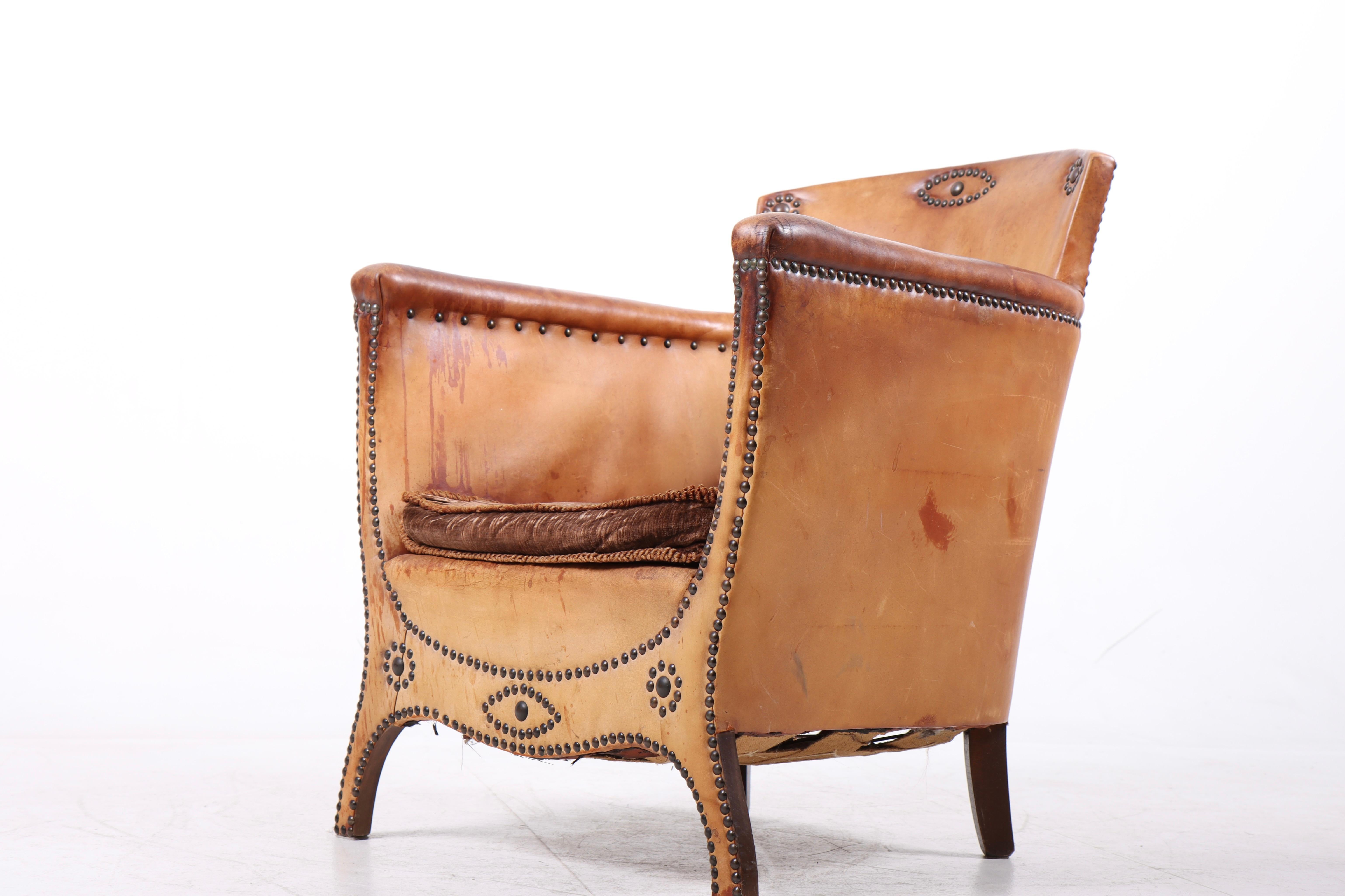 Brass Lounge Chair in Patinated Leather, Designed by Otto Schulz
