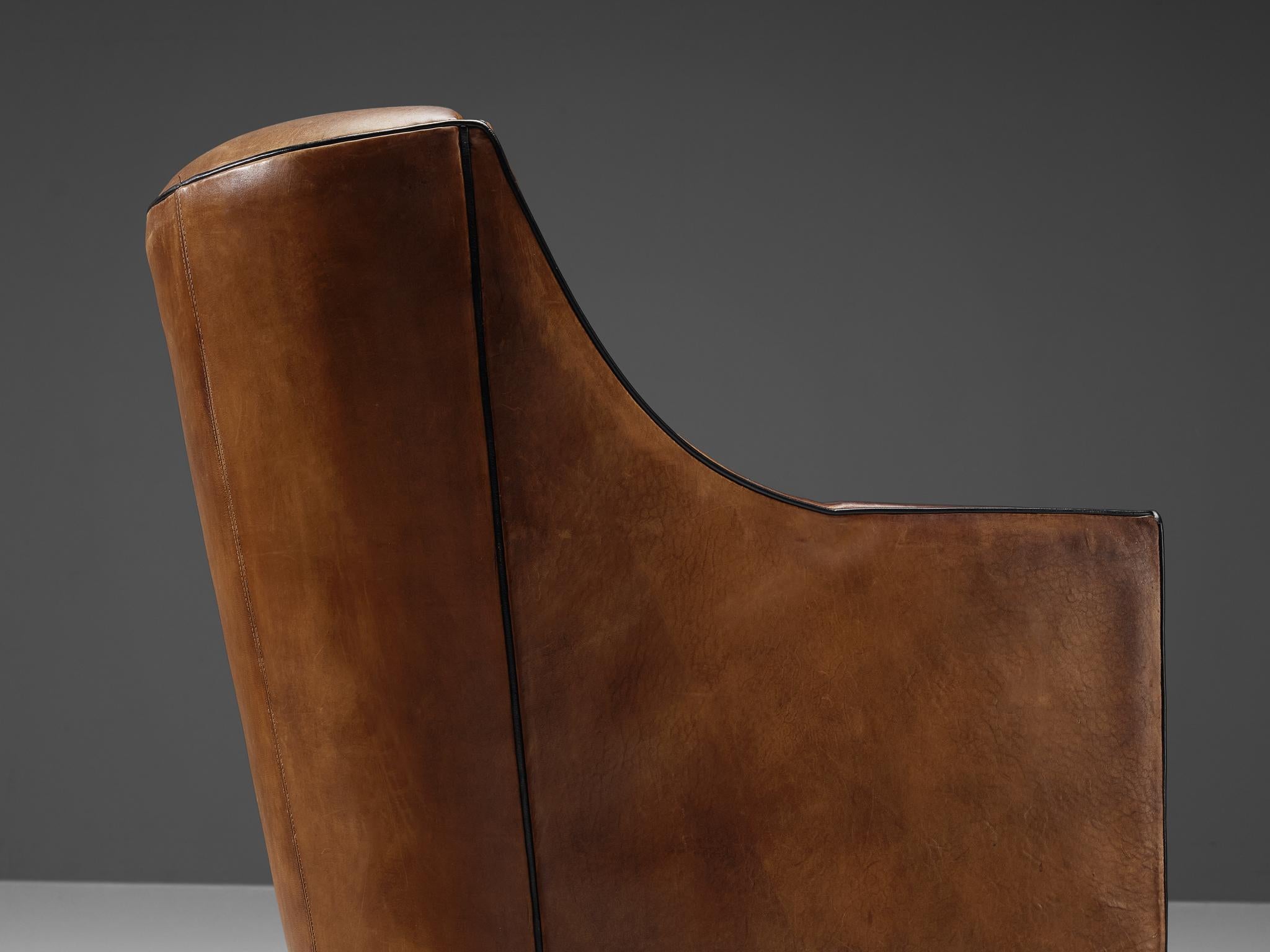 Mid-20th Century Lounge Chair in Patinated Brown Leather For Sale