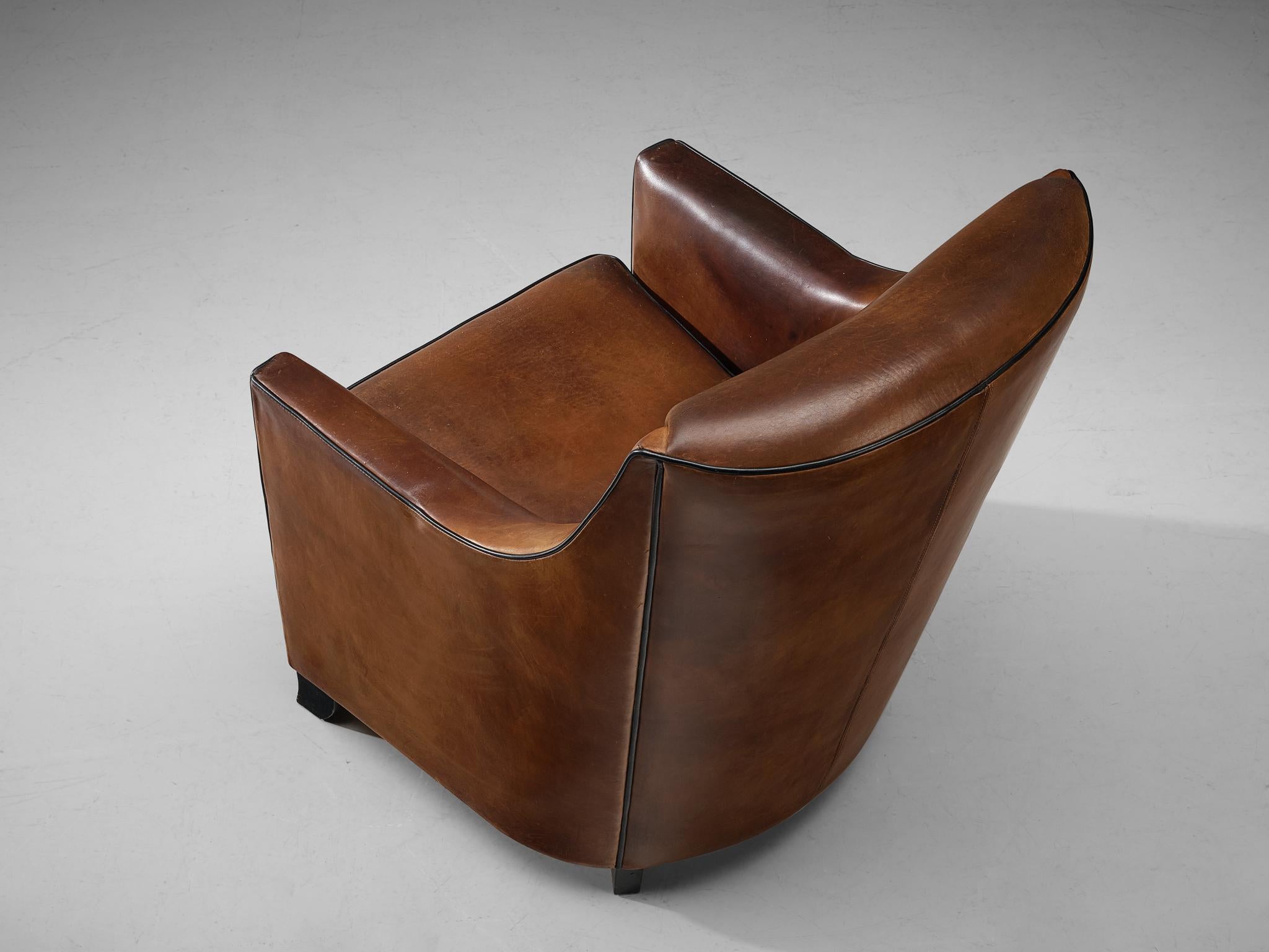 Beech Lounge Chair in Patinated Brown Leather For Sale