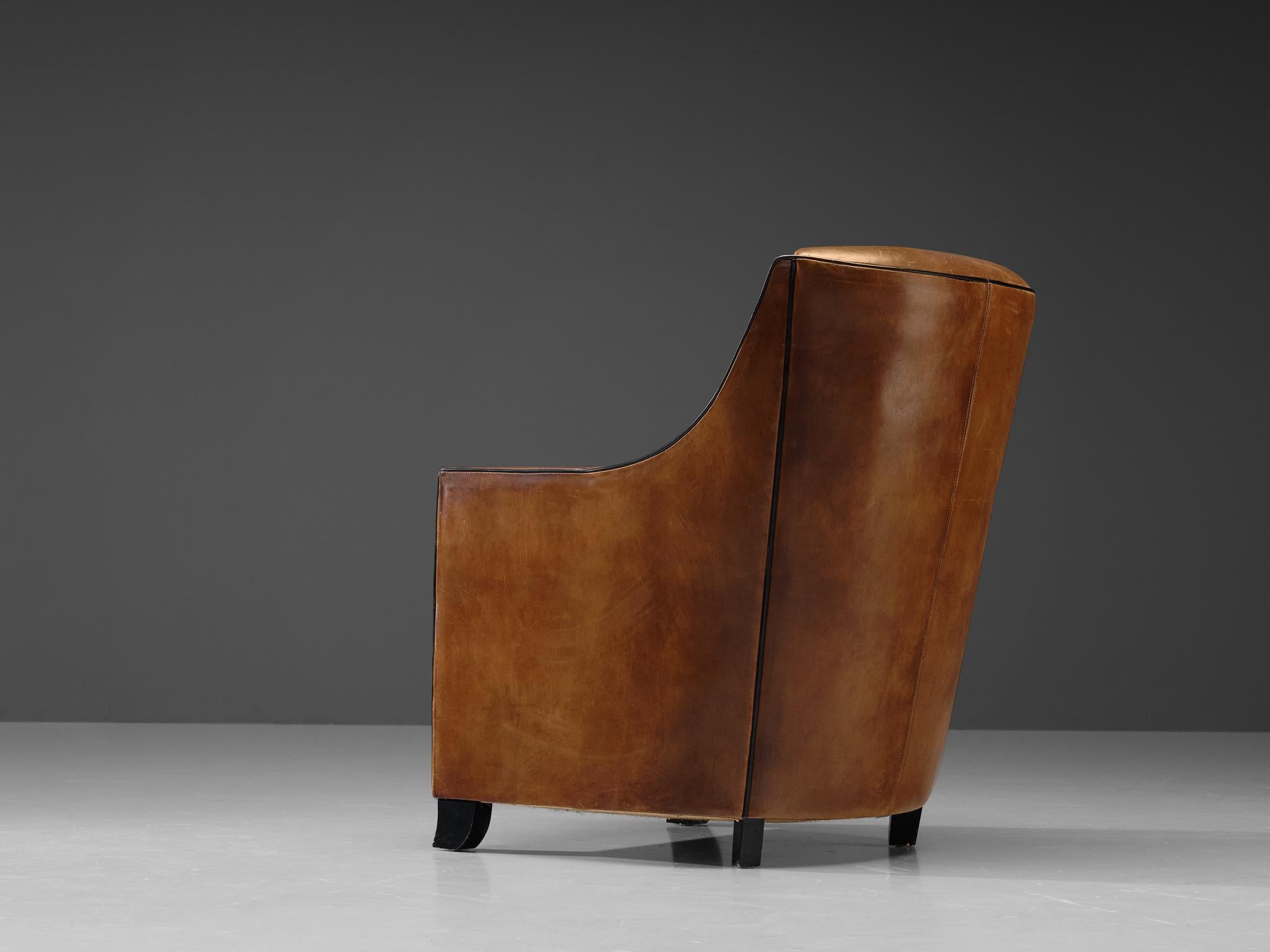 Lounge Chair in Patinated Brown Leather For Sale 1