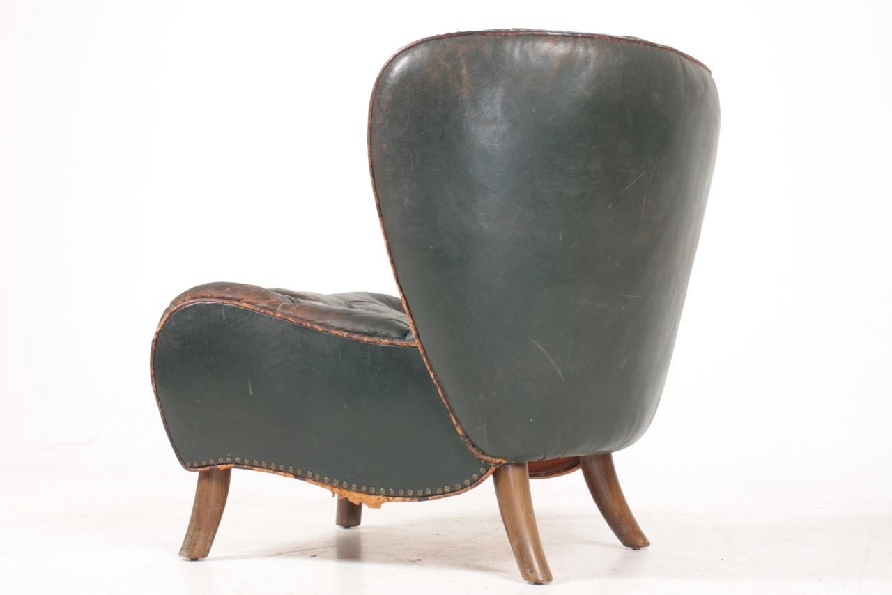 Lounge Chair in Patinated Leather, Made in Denmark, 1940s In Good Condition In Lejre, DK