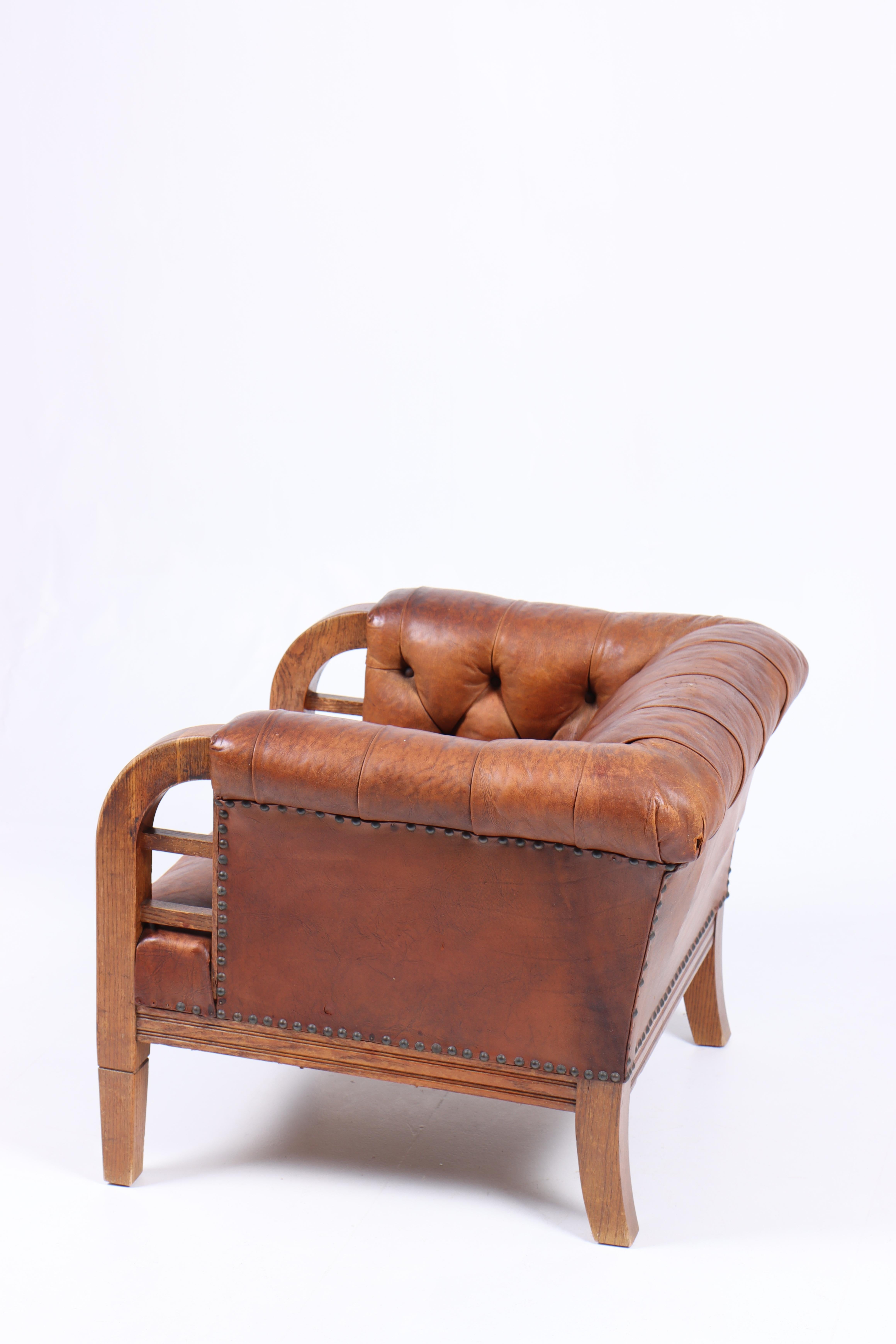 Lounge Chair in Patinated Leather, Made in Denmark, 1940s In Good Condition For Sale In Lejre, DK