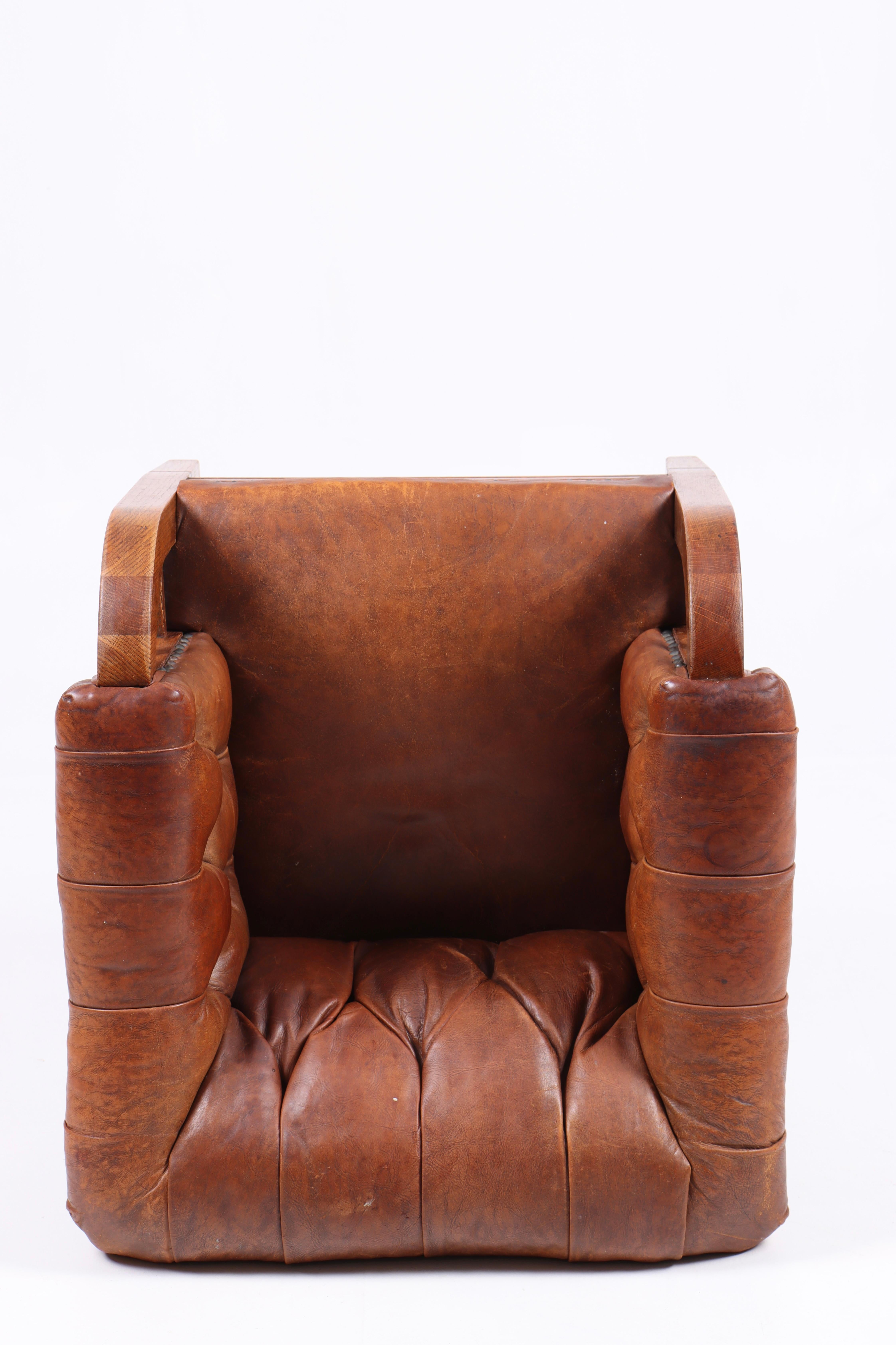 Lounge Chair in Patinated Leather, Made in Denmark, 1940s For Sale 3