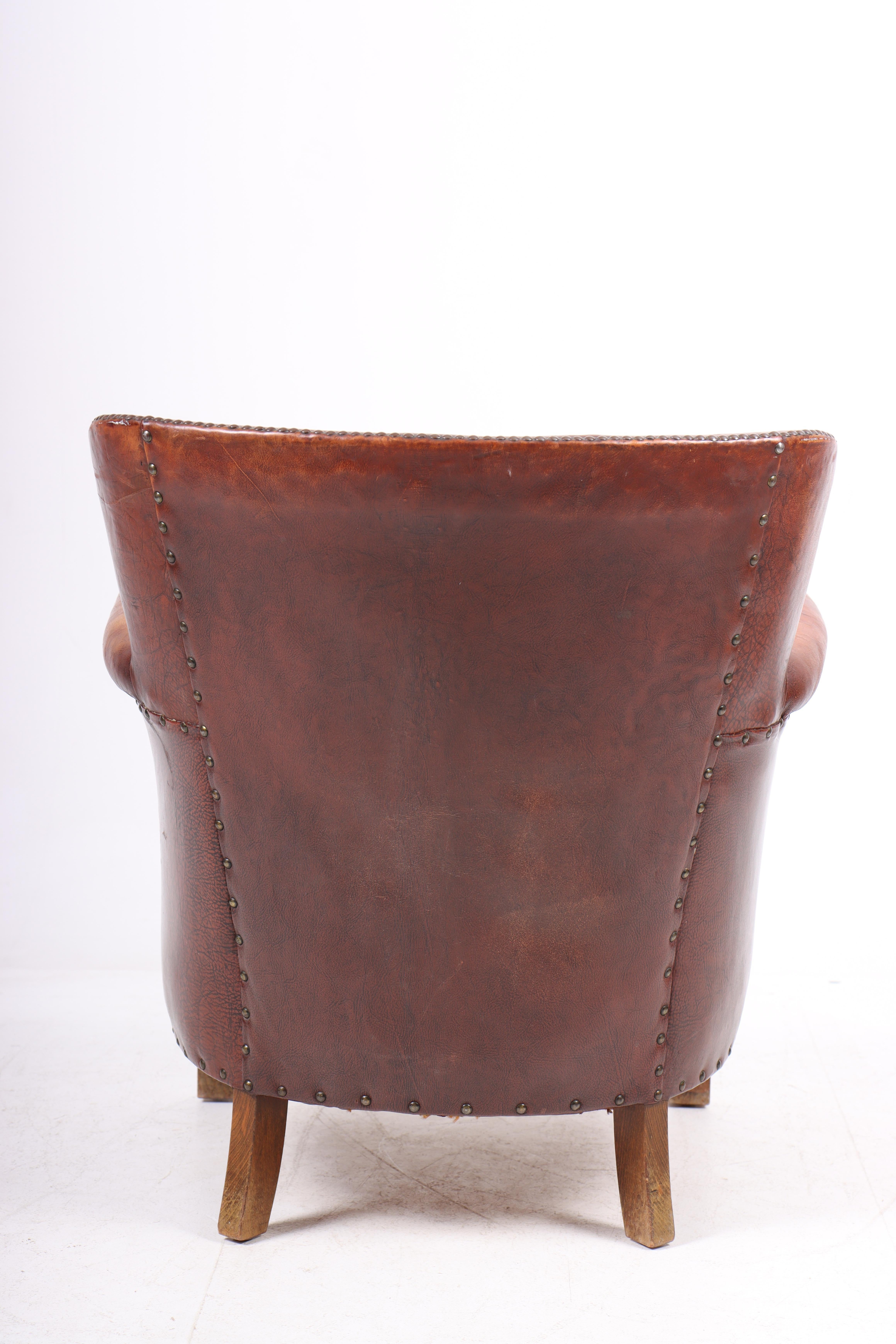 Mid-20th Century Lounge Chair in Patinated Leather, Made in Sweden 1940s