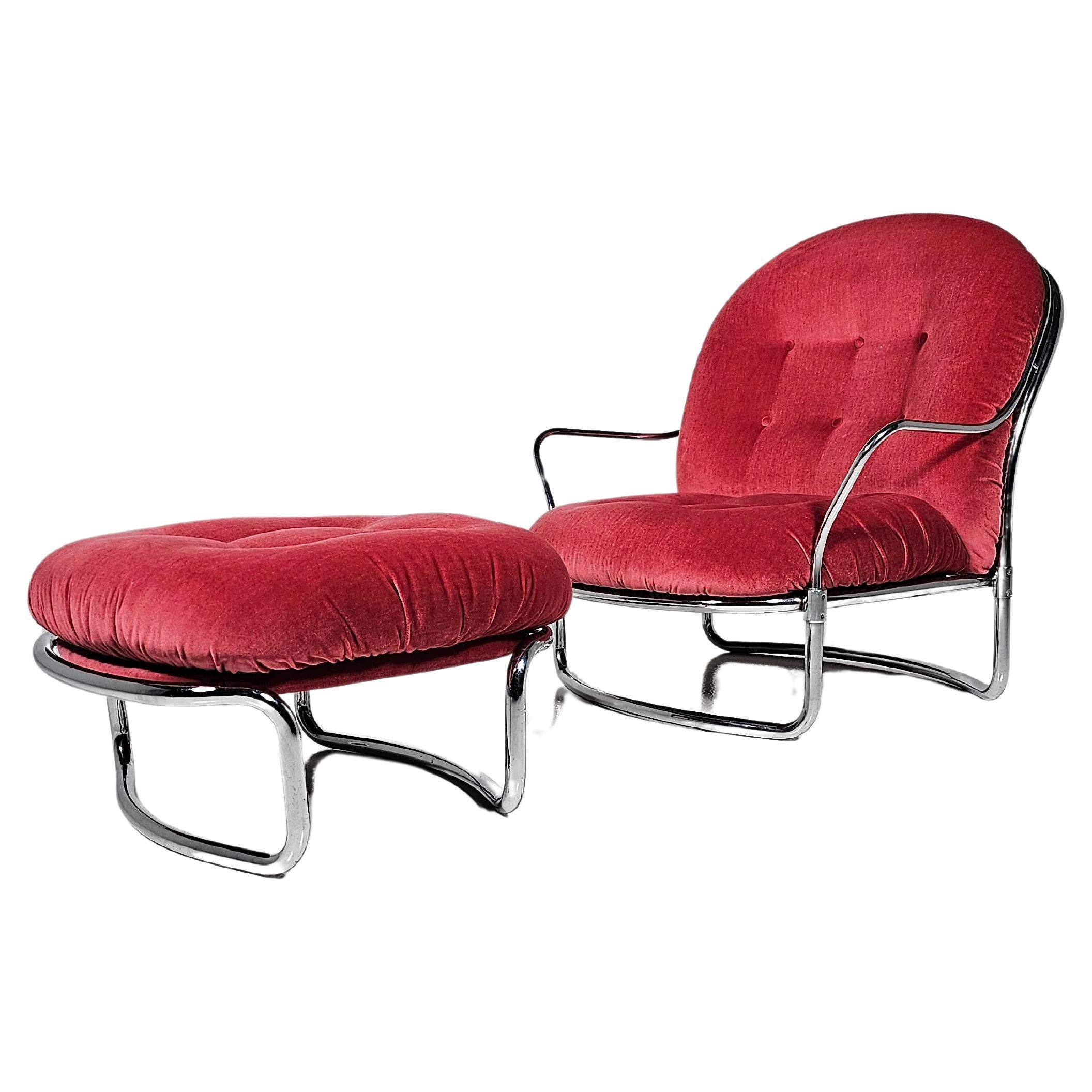 Carlo De Carli for Cinova, lounge chair model '915' with ottoman, metal, chrome, fabric, Italy, 1969.

Tubular armchair with ottoman designed by Carlo De Carli in 1969, manufactured by Cinova, Italy. With a curved, chromed frame that holds the