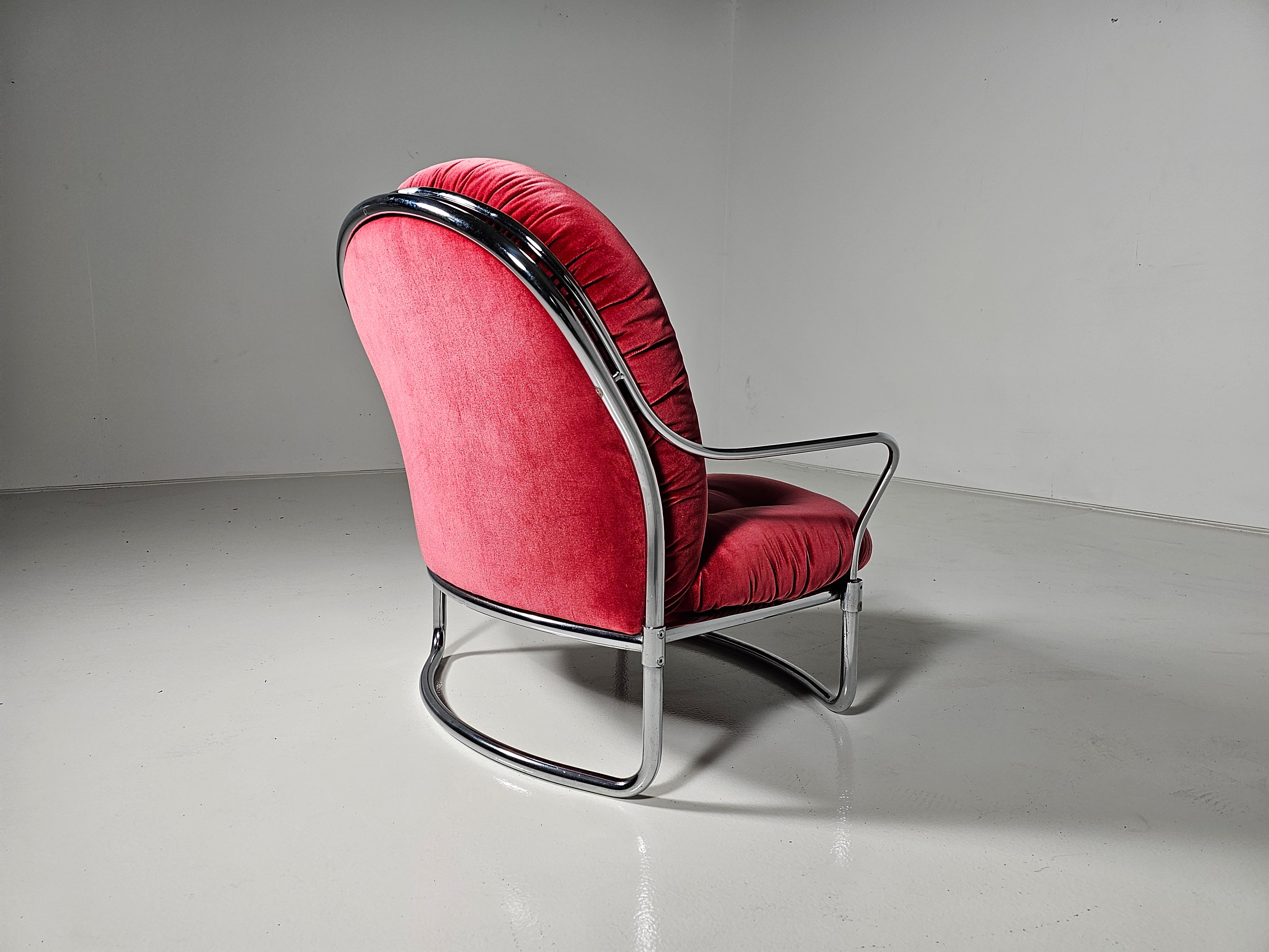 Lounge chair in pink velvet and chrome, Carlo de Carli for Cinova For Sale 1