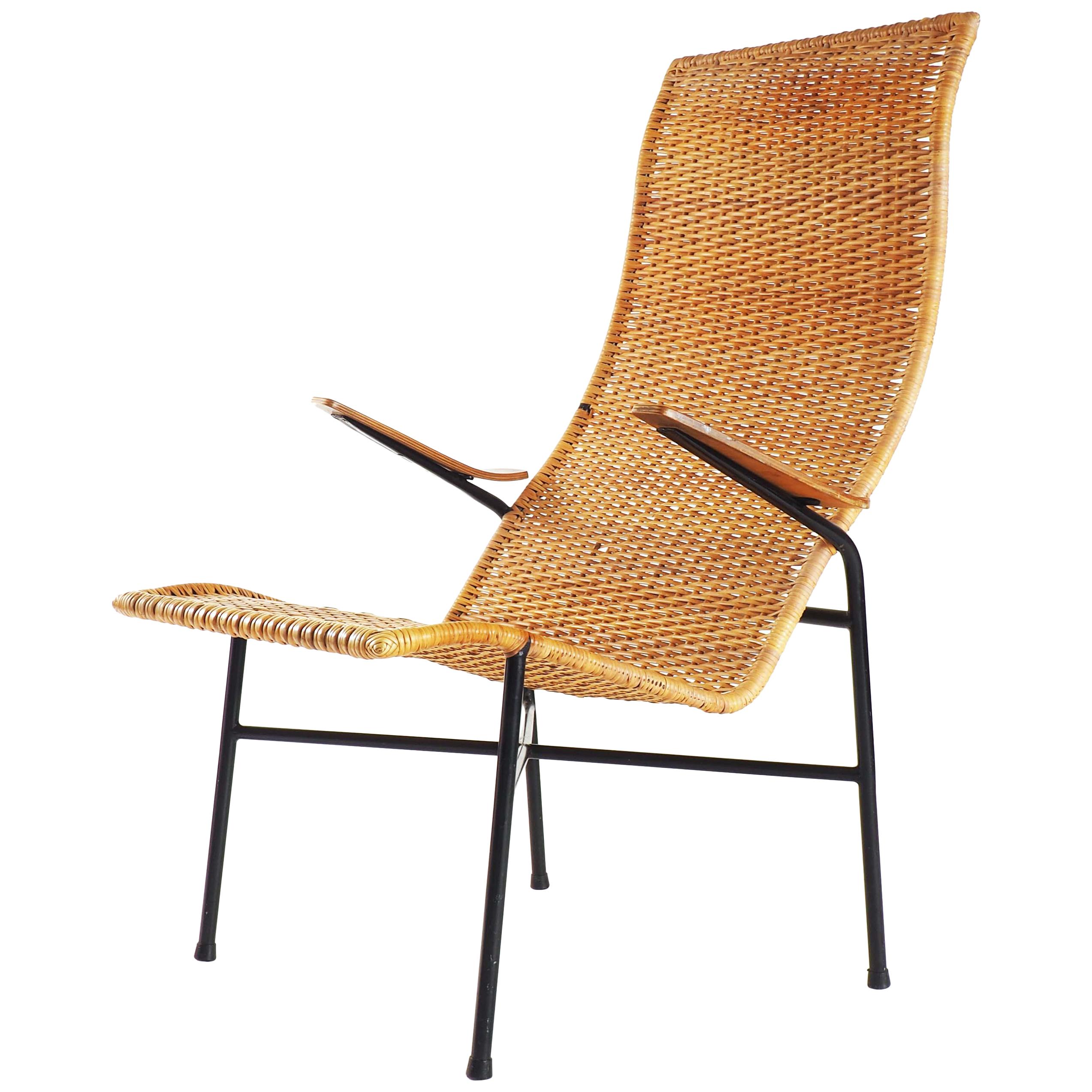 Lounge Chair in Rattan, Teak and Metal For Sale