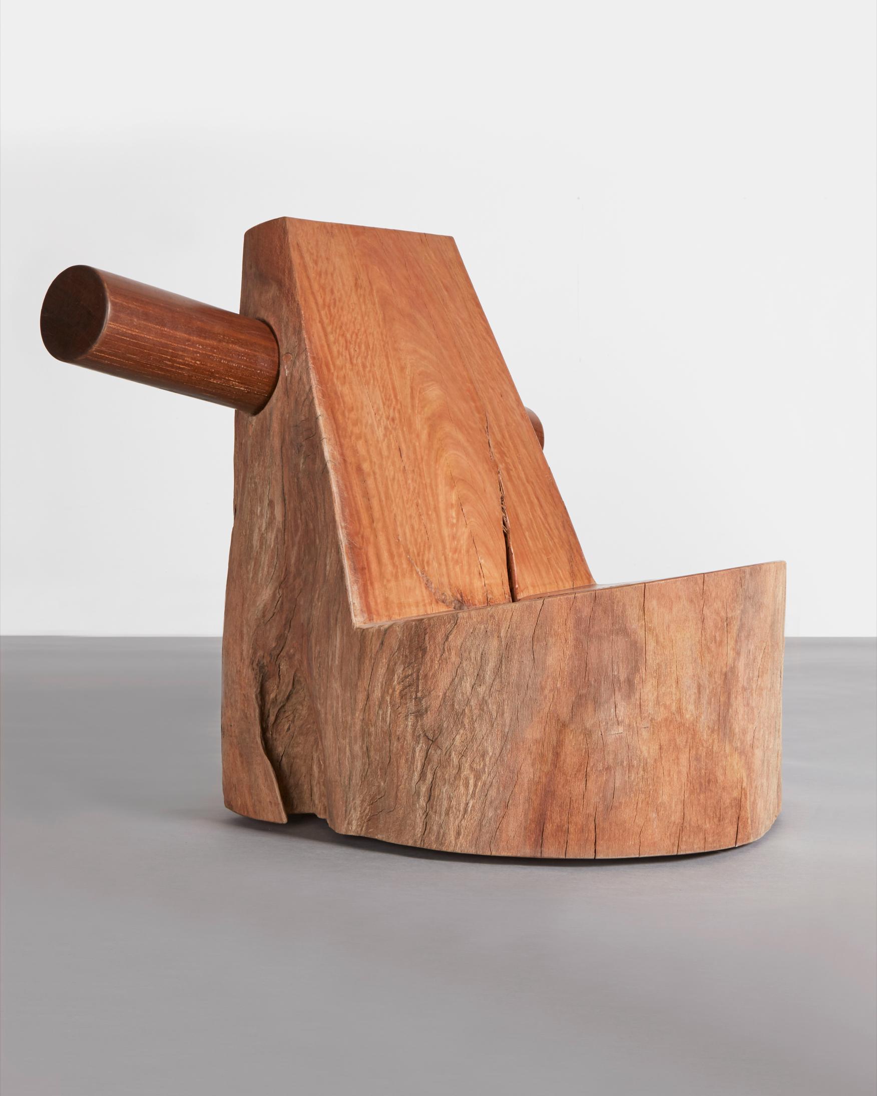 Unique lounge chair in hand carved river red Gum wood (Eucalyptus camaldulensis) and repurposed Ipê wood (Tabebuia spp.). Designed and made by Zanini de Zanine Caldas, Brazil, 2019.