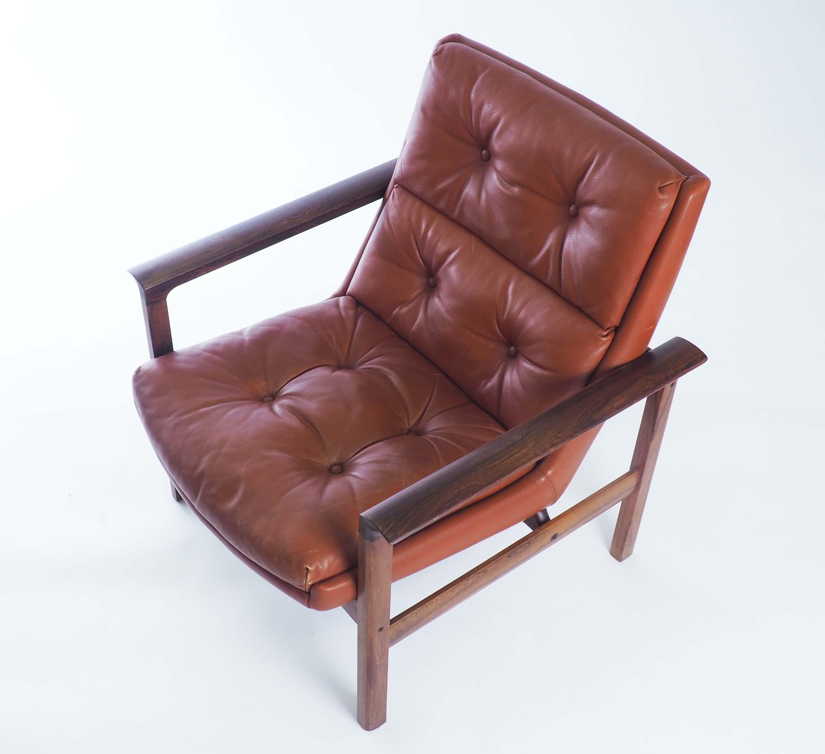 Lounge Chair in Rosewood and Leather by Fredrik Kayser, Norway 1
