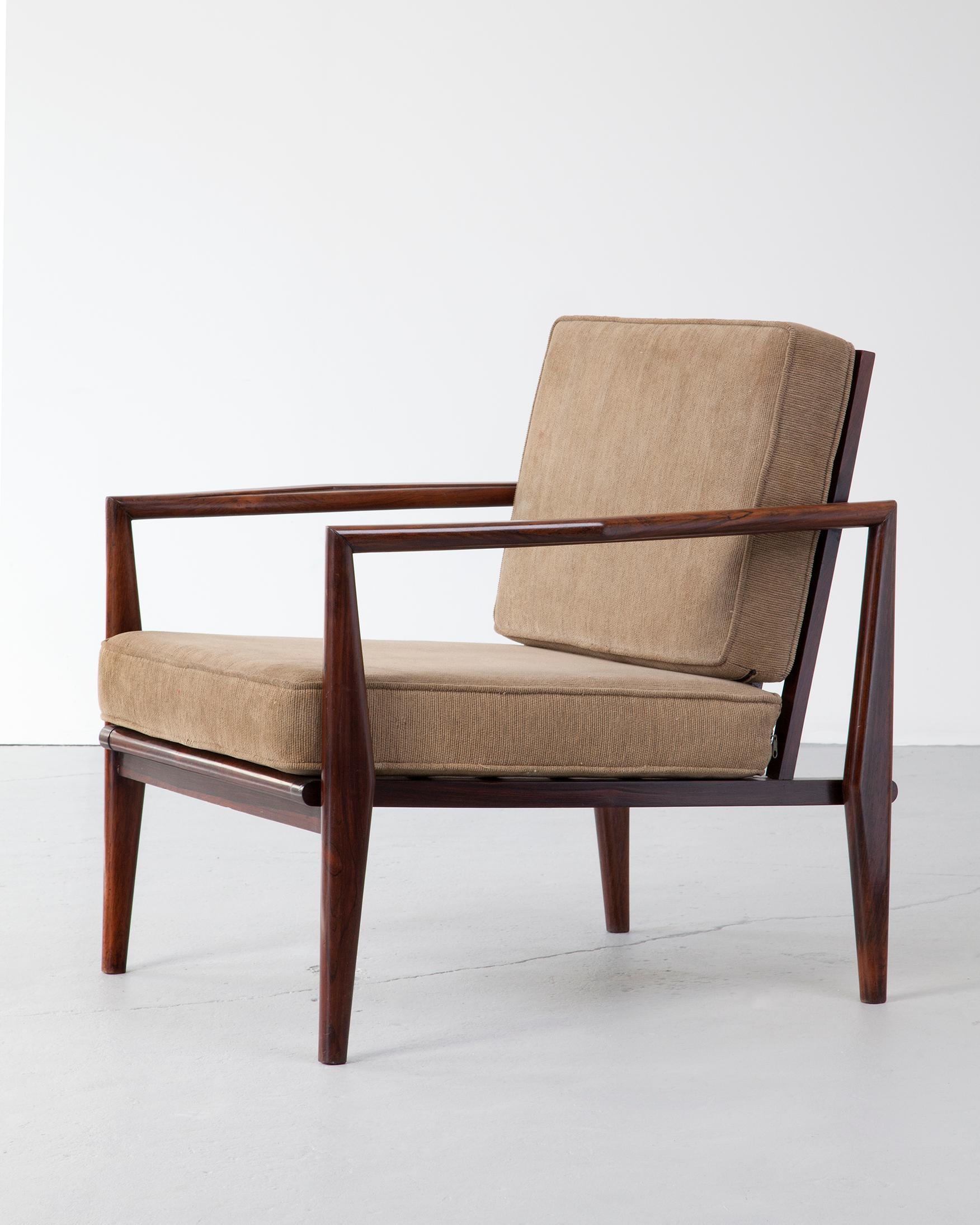 Lounge chair in rosewood with upholstered seat and back cushions. Produced by Fatima, Brazil, 1960s. (seat: 16