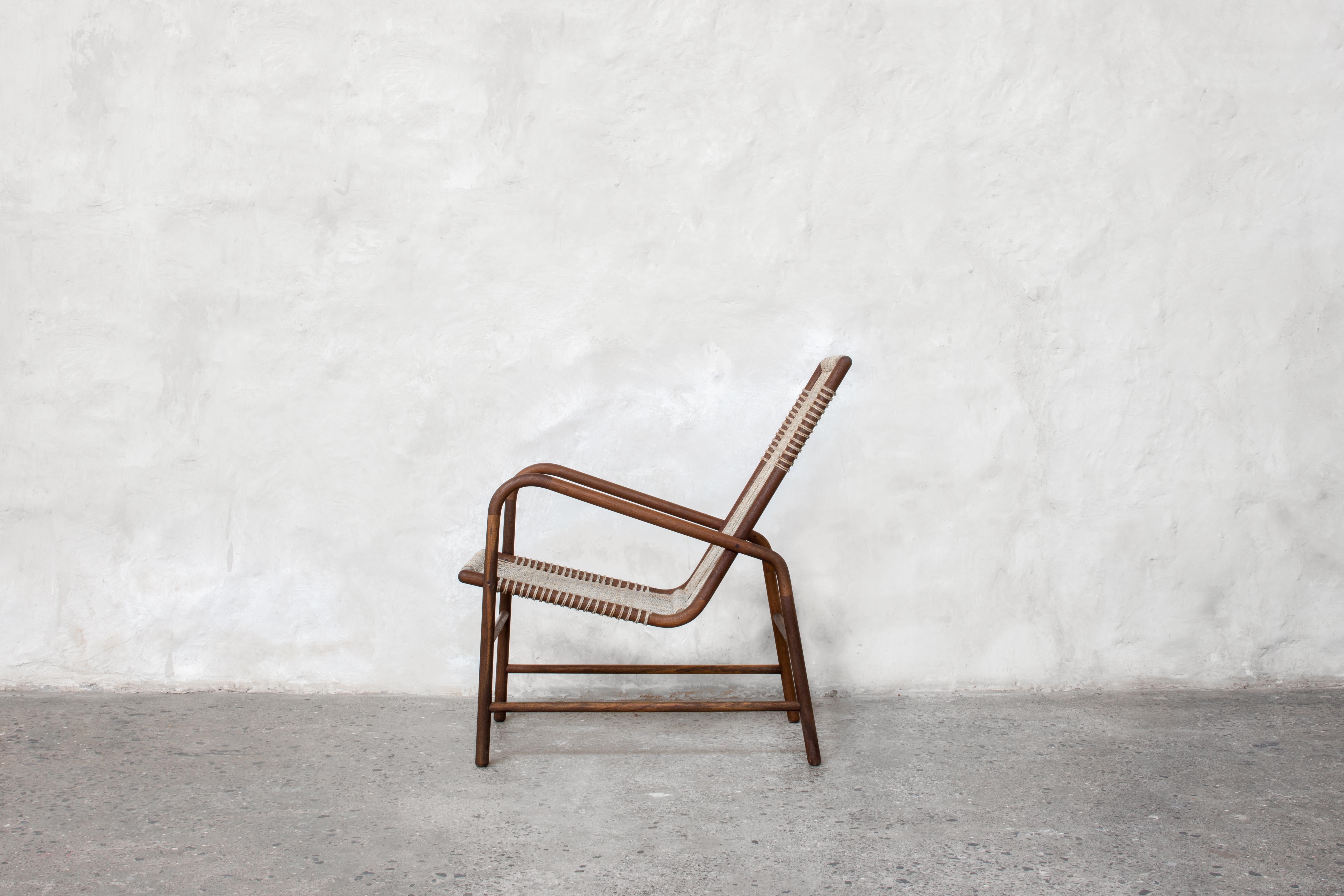 Indian Lounge Chair in Rosewood with Woven Seat in Rope Handmade by Studio Mumbai For Sale