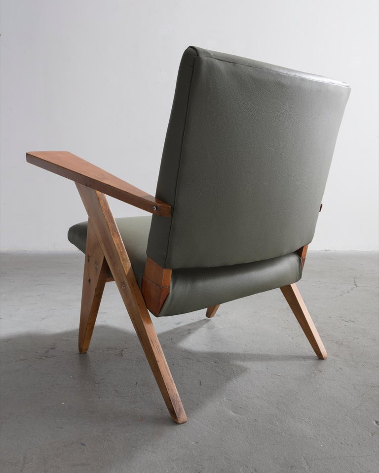 Lounge Chair in Sage Green Leather and Wood Frame by José Zanine Caldas
