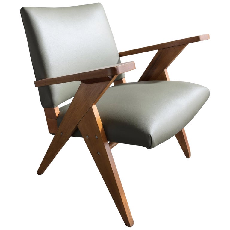 Lounge Chair in Sage Green Leather and Wood Frame by José Zanine Caldas