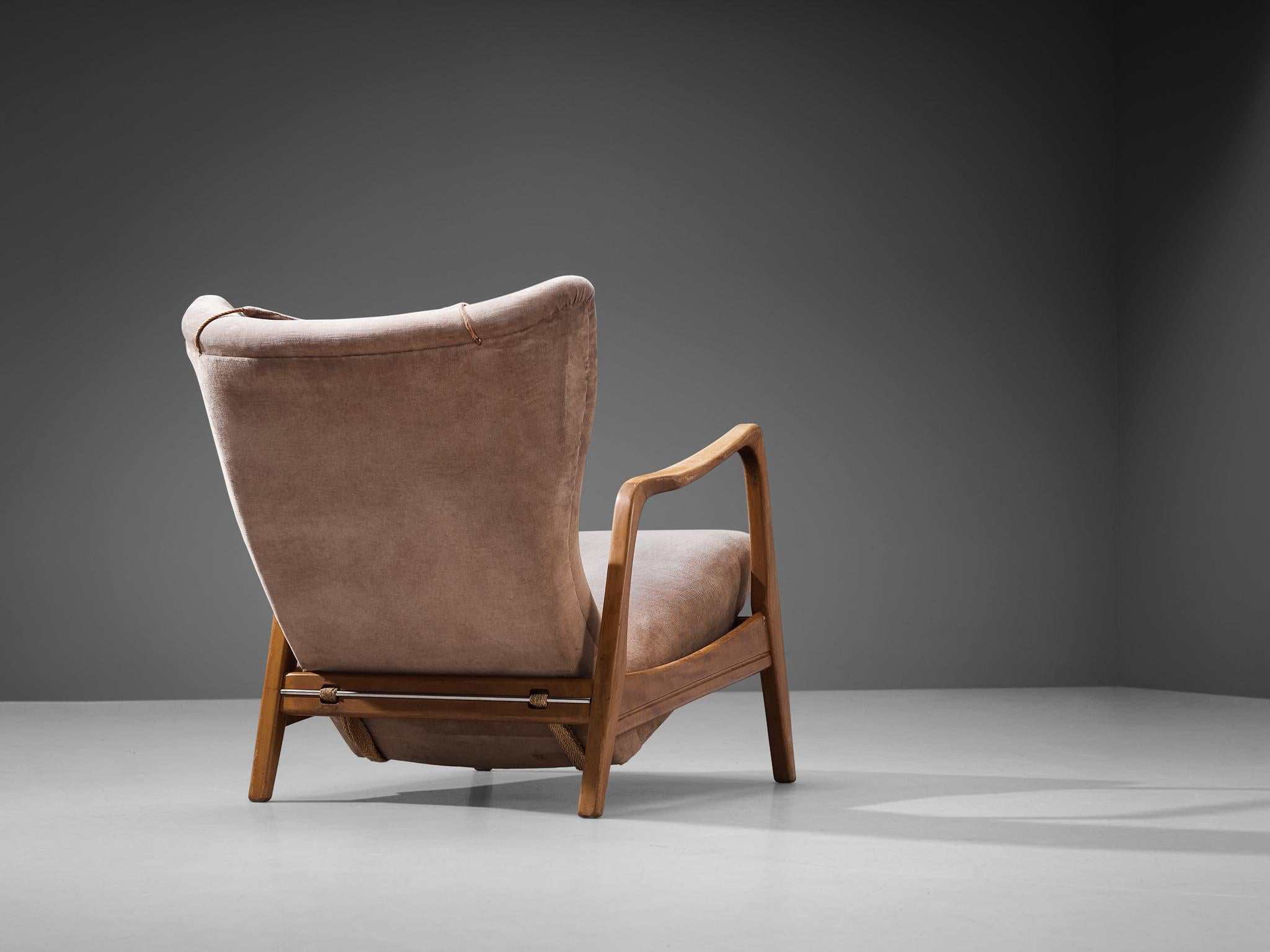 Mid-Century Modern Lounge Chair in Soft Beige Velvet Upholstery