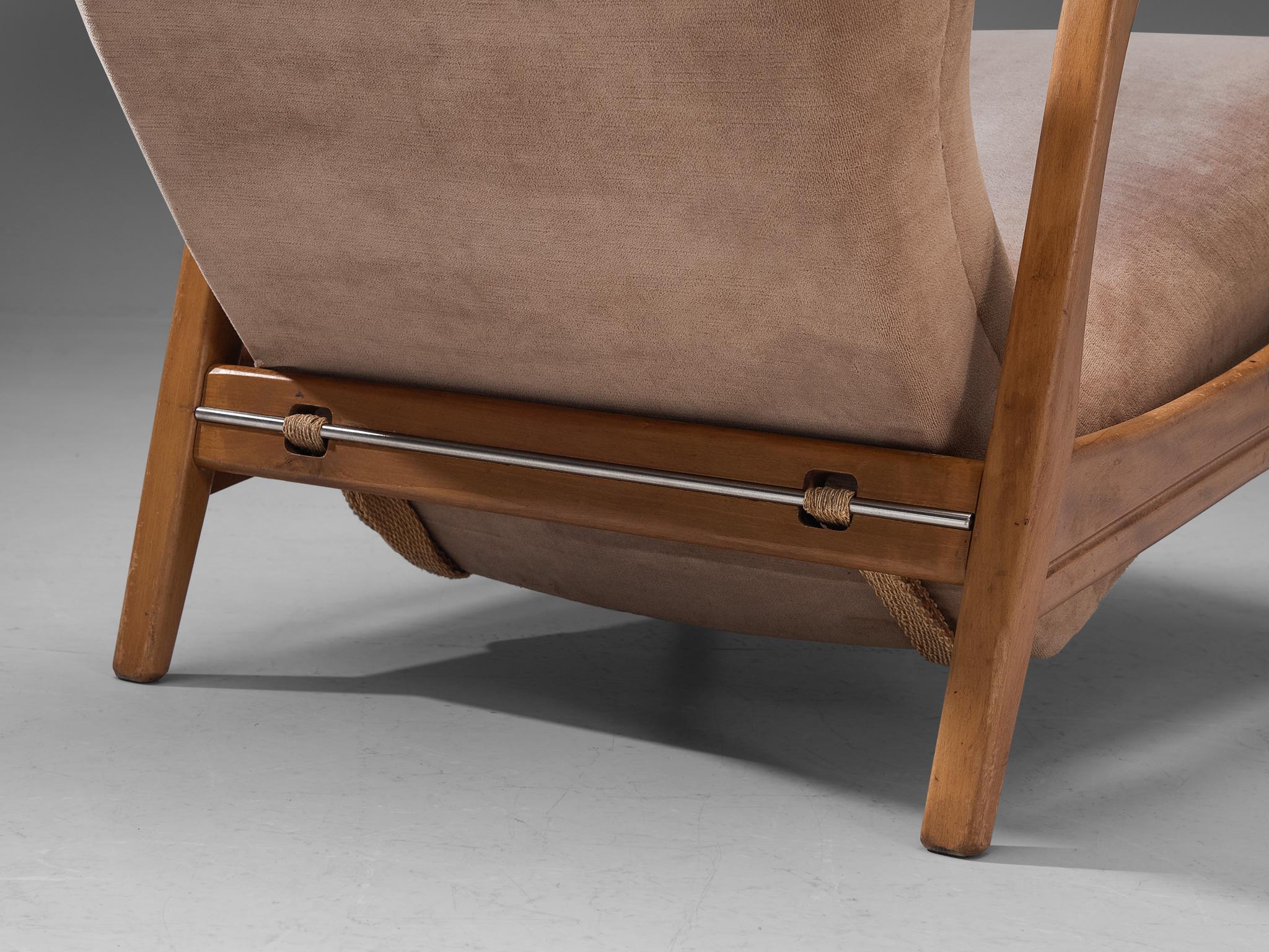 Mid-20th Century Lounge Chair in Soft Beige Velvet Upholstery