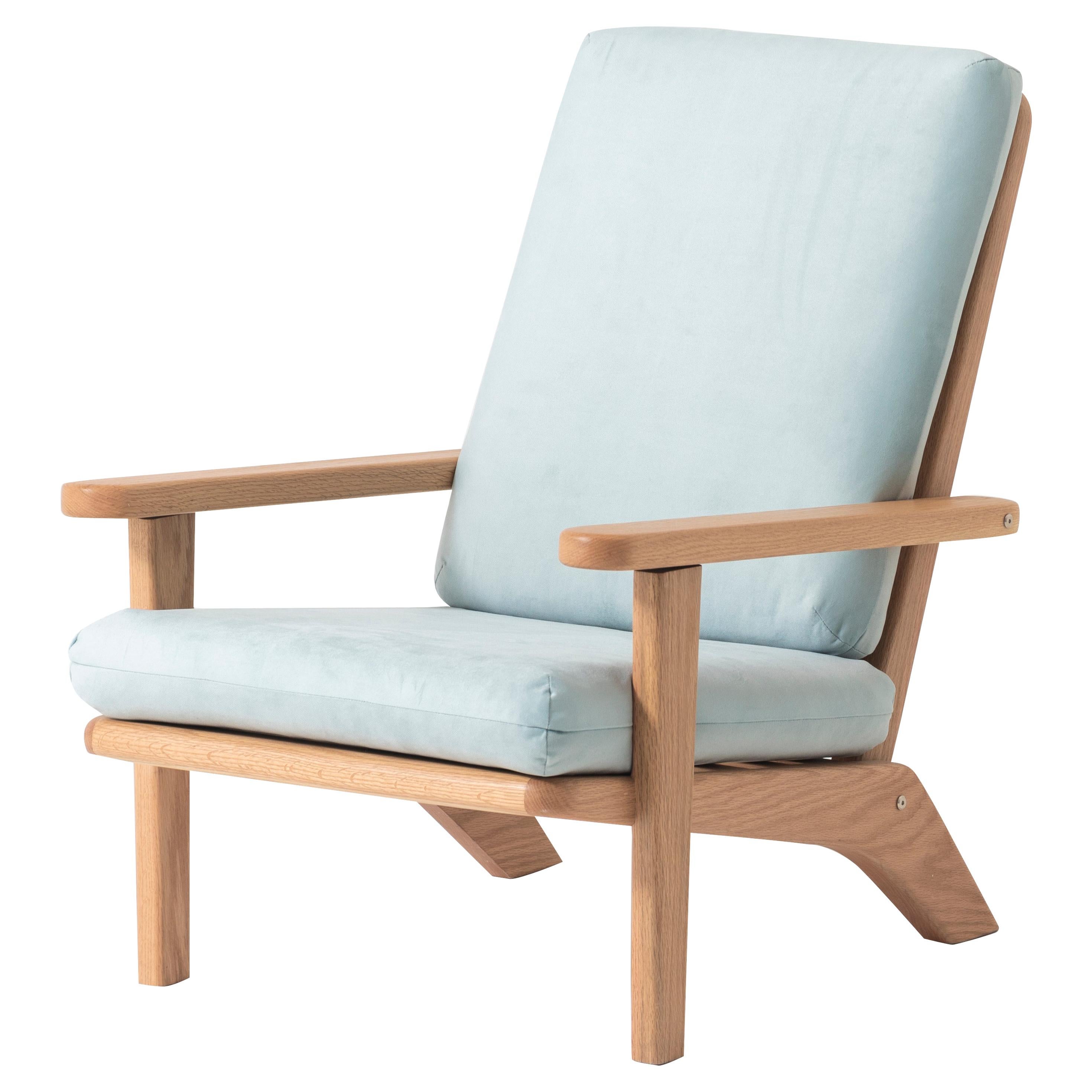 Lounge Chair in Solid Oak Wood with Mint Textile Cushion and Reclining Backrest For Sale