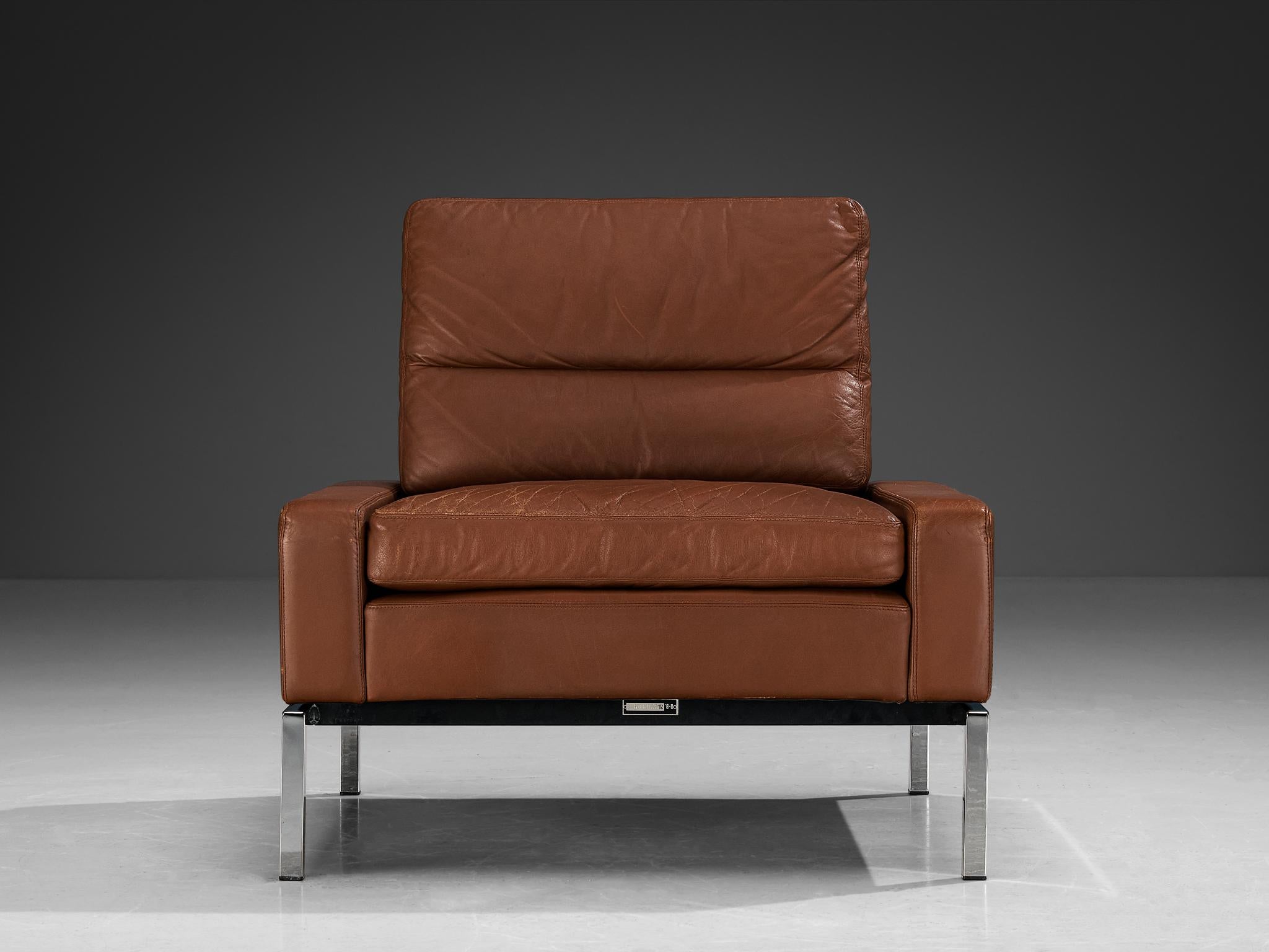 European Lounge Chair in Steel and Brown Leather  For Sale