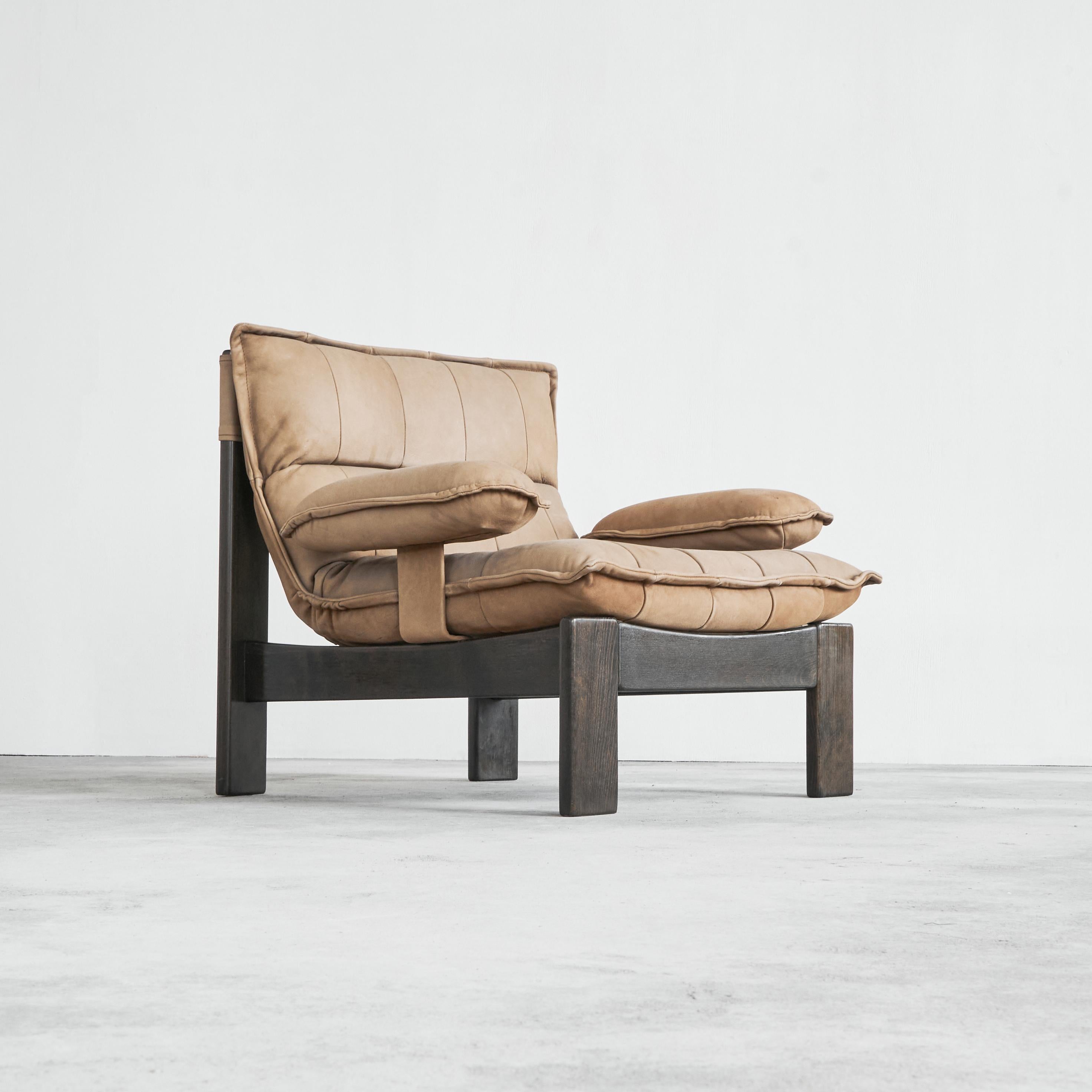 Lounge Chair in Camel Colored Suede and Stained Oak, 1970s 4
