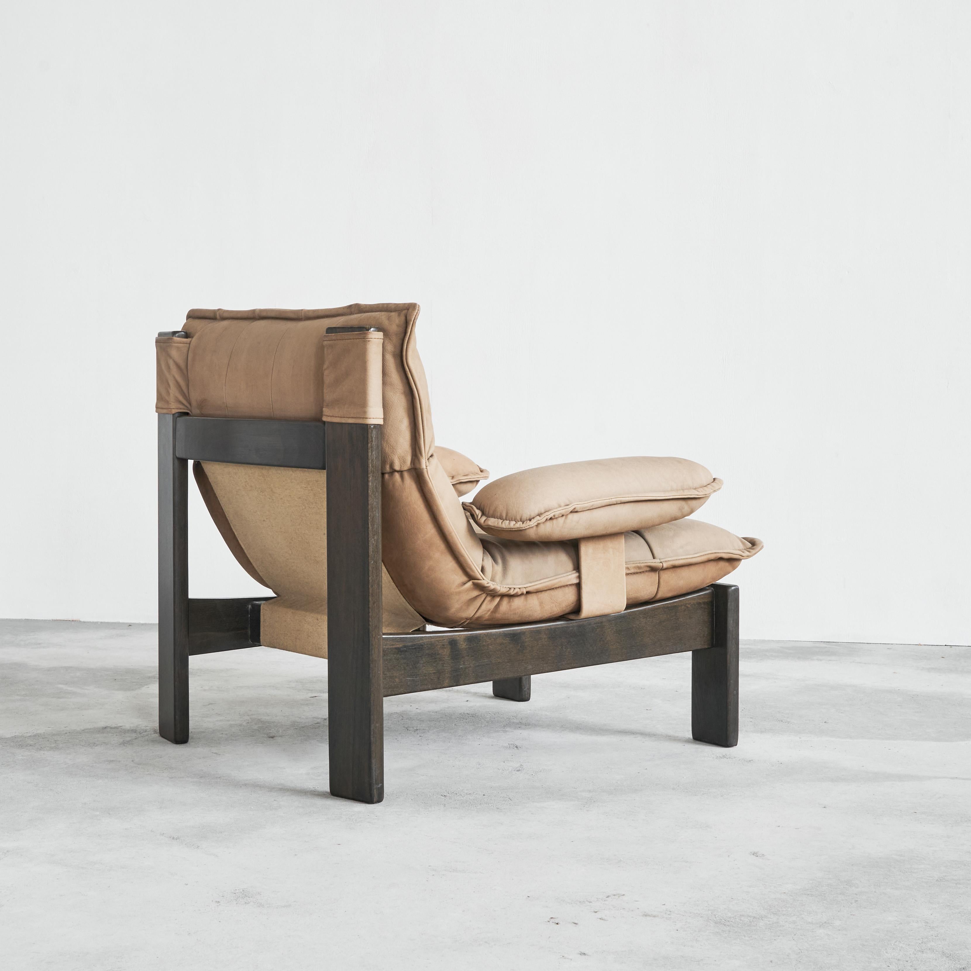 Hand-Crafted Lounge Chair in Camel Colored Suede and Stained Oak, 1970s