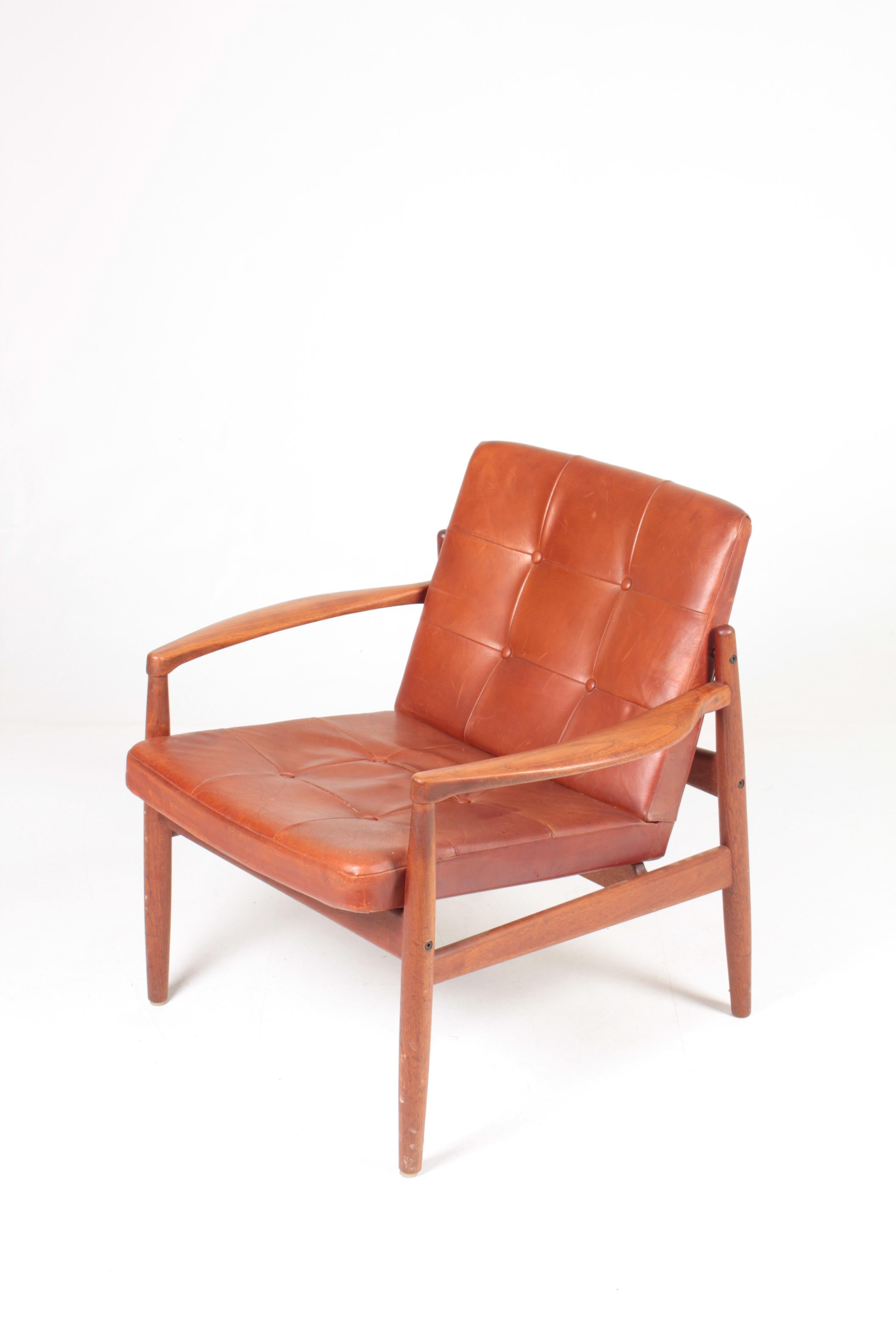 Swedish Lounge Chair in Teak and Patinated Leather by Tove & Edvard Kindt-Larsen, 1960s