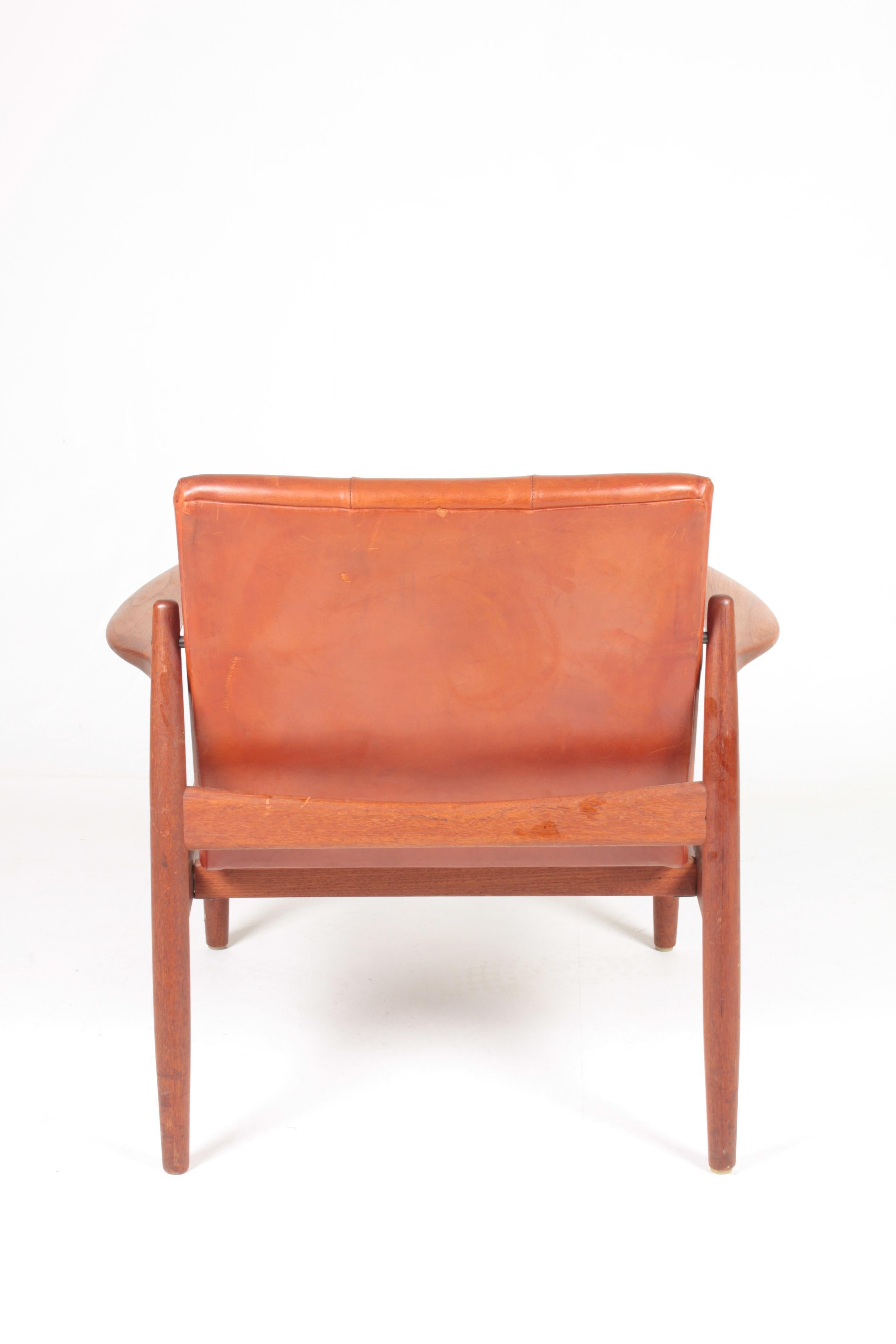Mid-20th Century Lounge Chair in Teak and Patinated Leather by Tove & Edvard Kindt-Larsen, 1960s