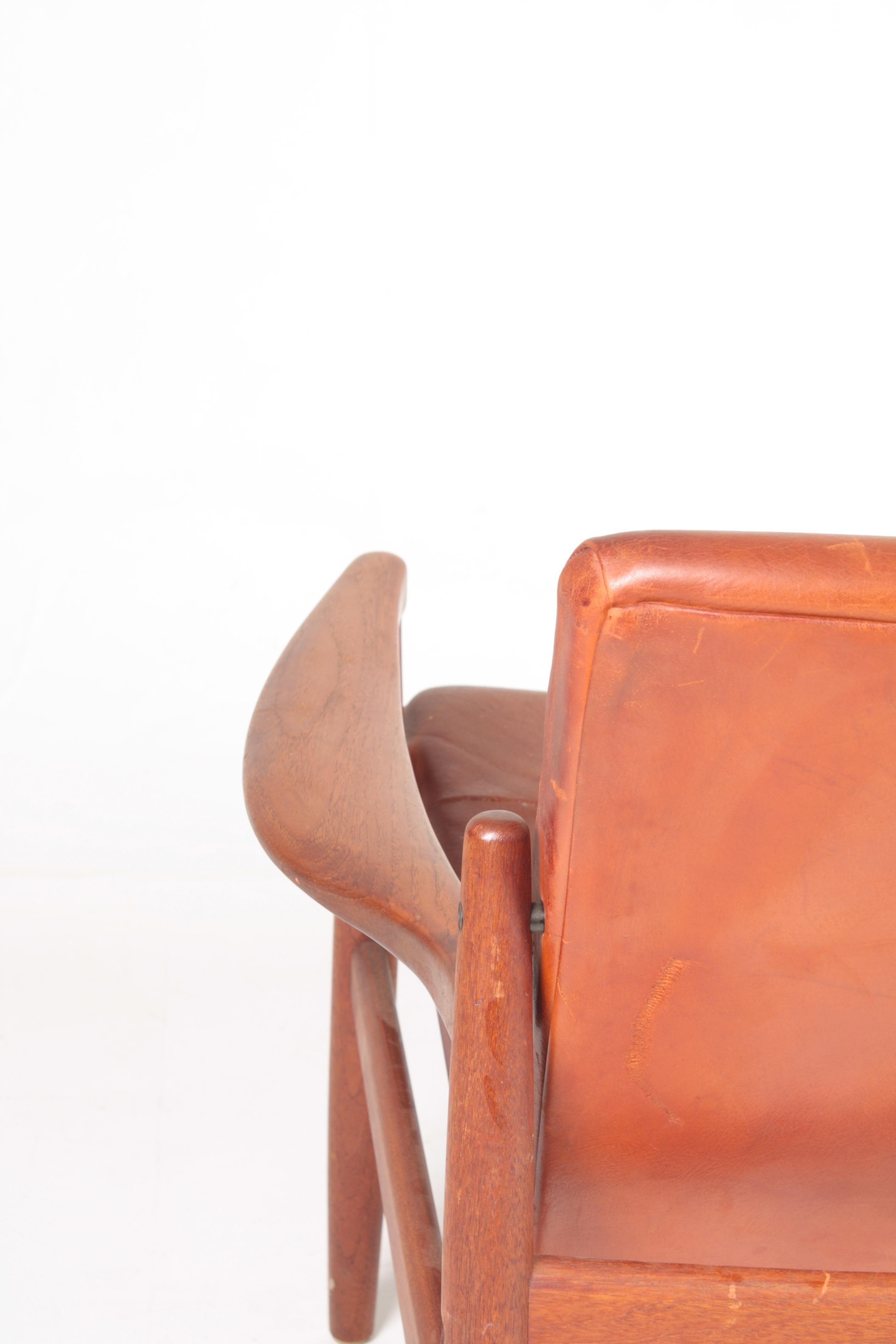 Lounge Chair in Teak and Patinated Leather by Tove & Edvard Kindt-Larsen, 1960s 1