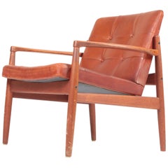 Lounge Chair in Teak and Patinated Leather by Tove & Edvard Kindt-Larsen, 1960s