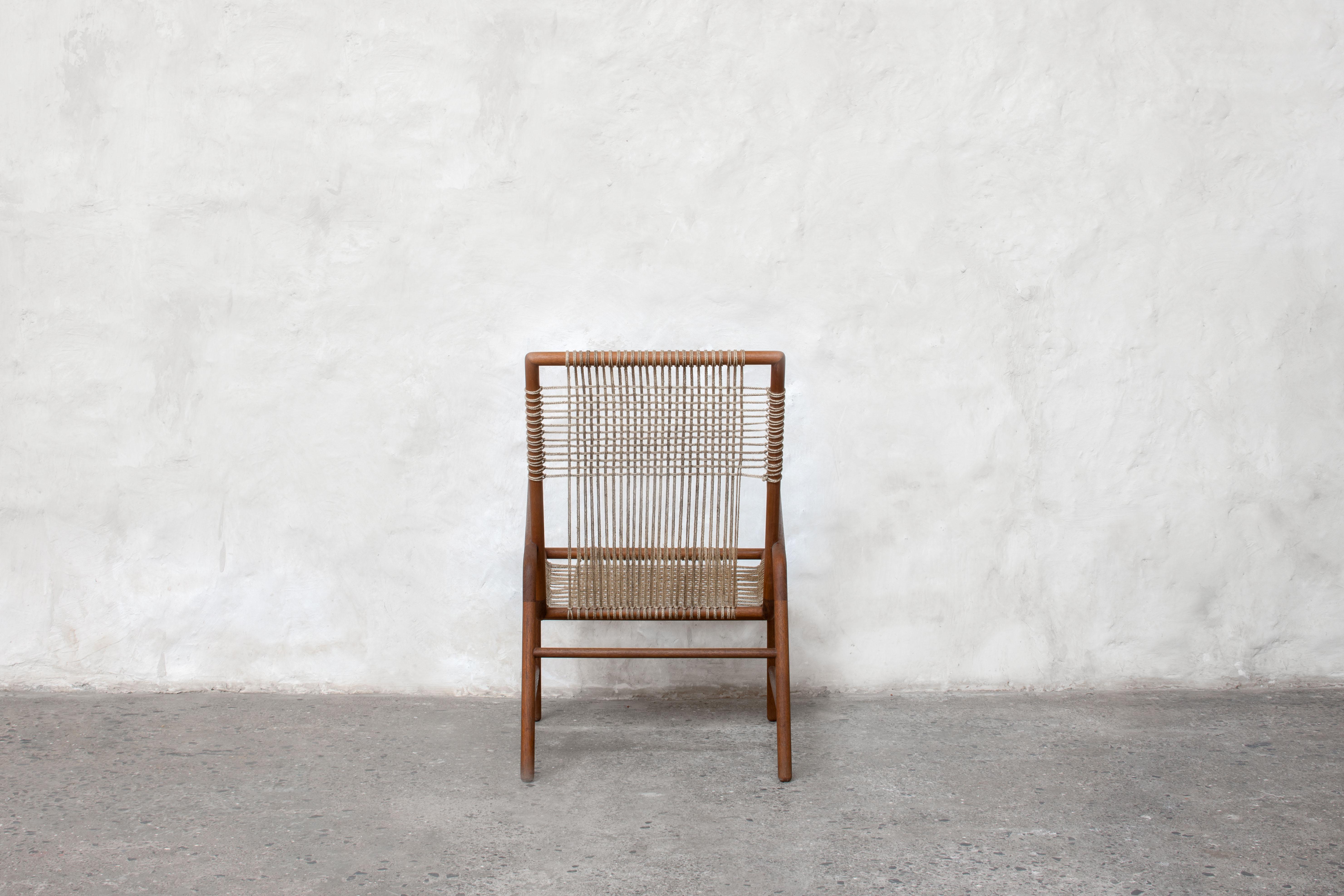 Indian Lounge Chair in Teak with Woven Seat in Rope Handmade by Studio Mumbai For Sale