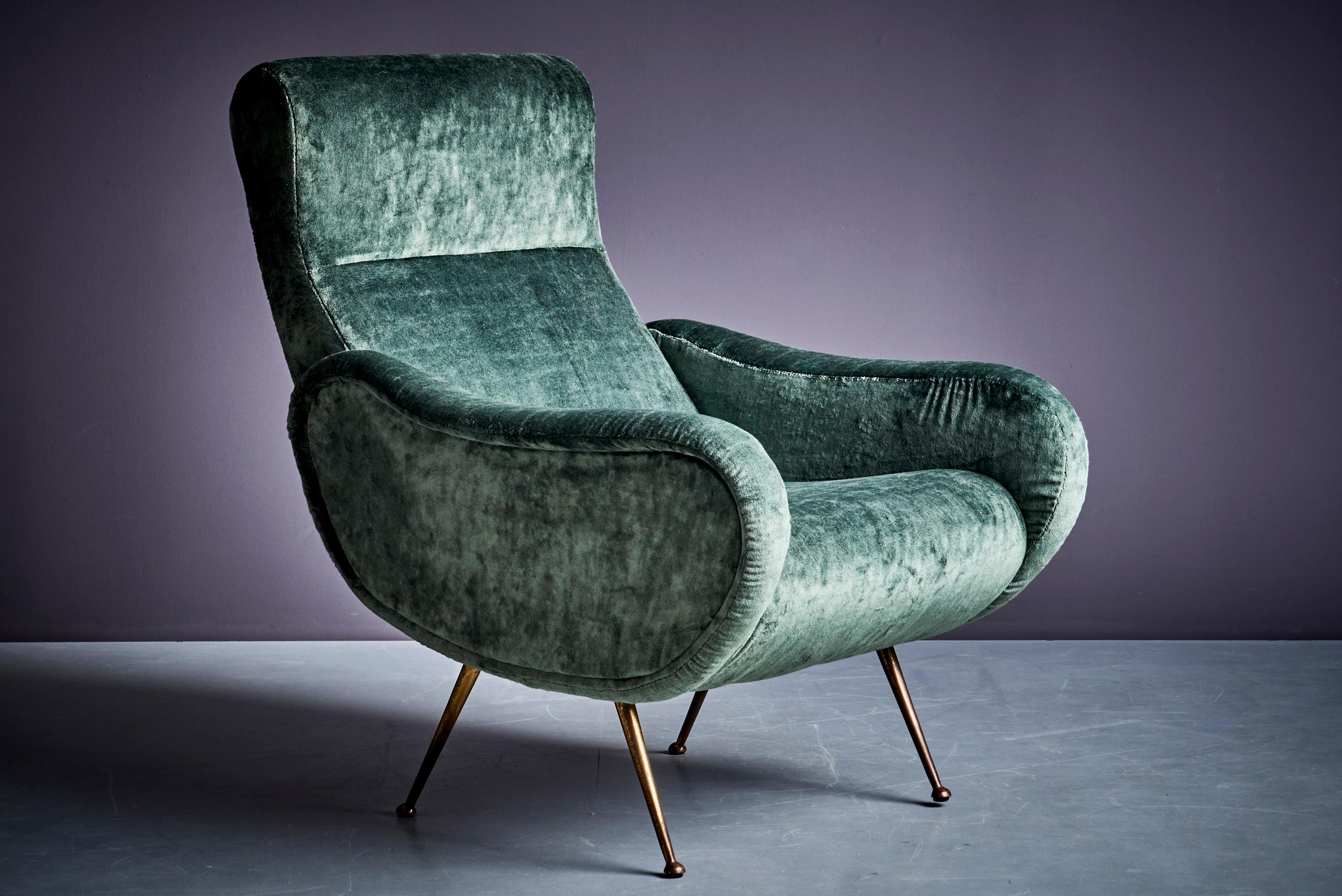 Lounge chair in the manner of Marco Zanuso The chair is of high quality and was restored and upholstered in green velvet.