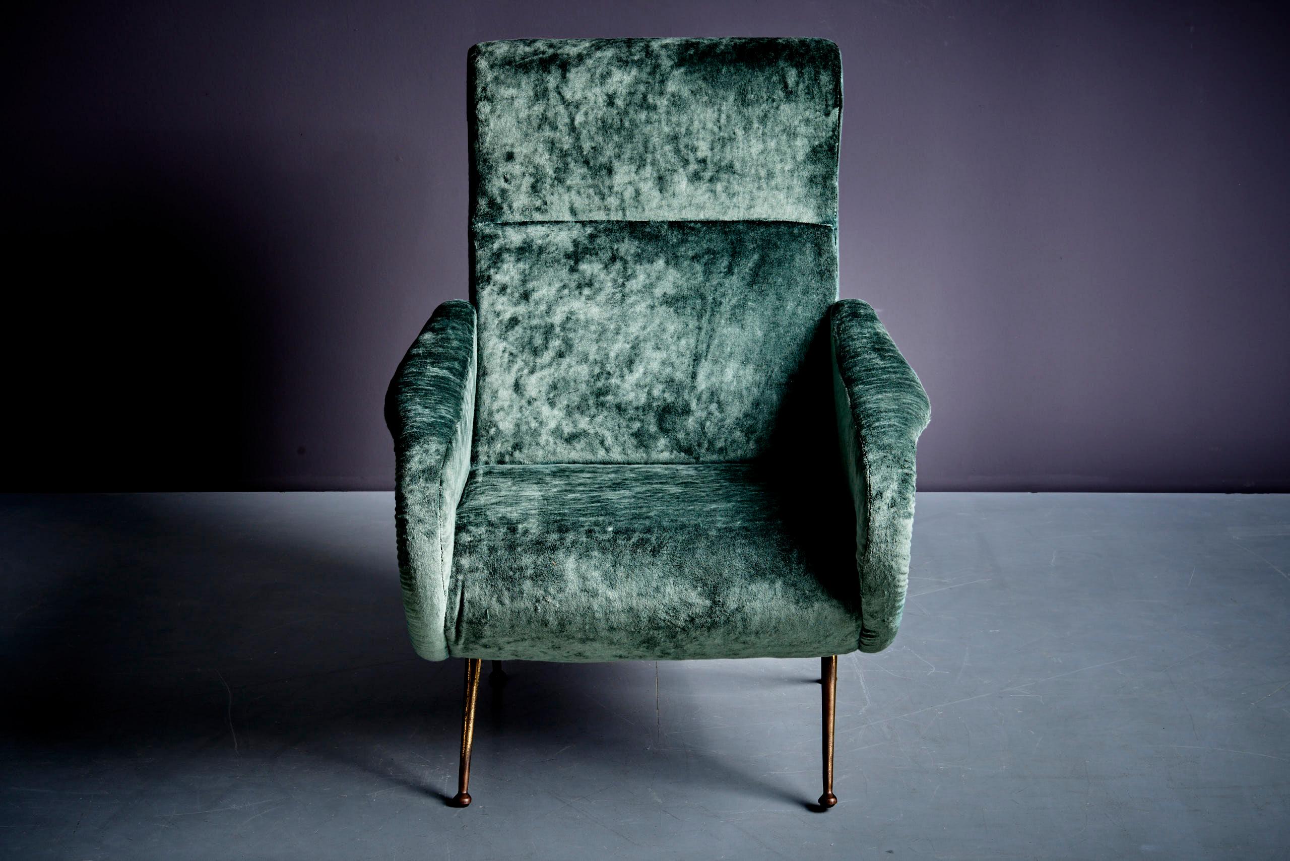 Mid-Century Modern Lounge Chair in the manner of Marco Zanuso upholstered in green Velvet