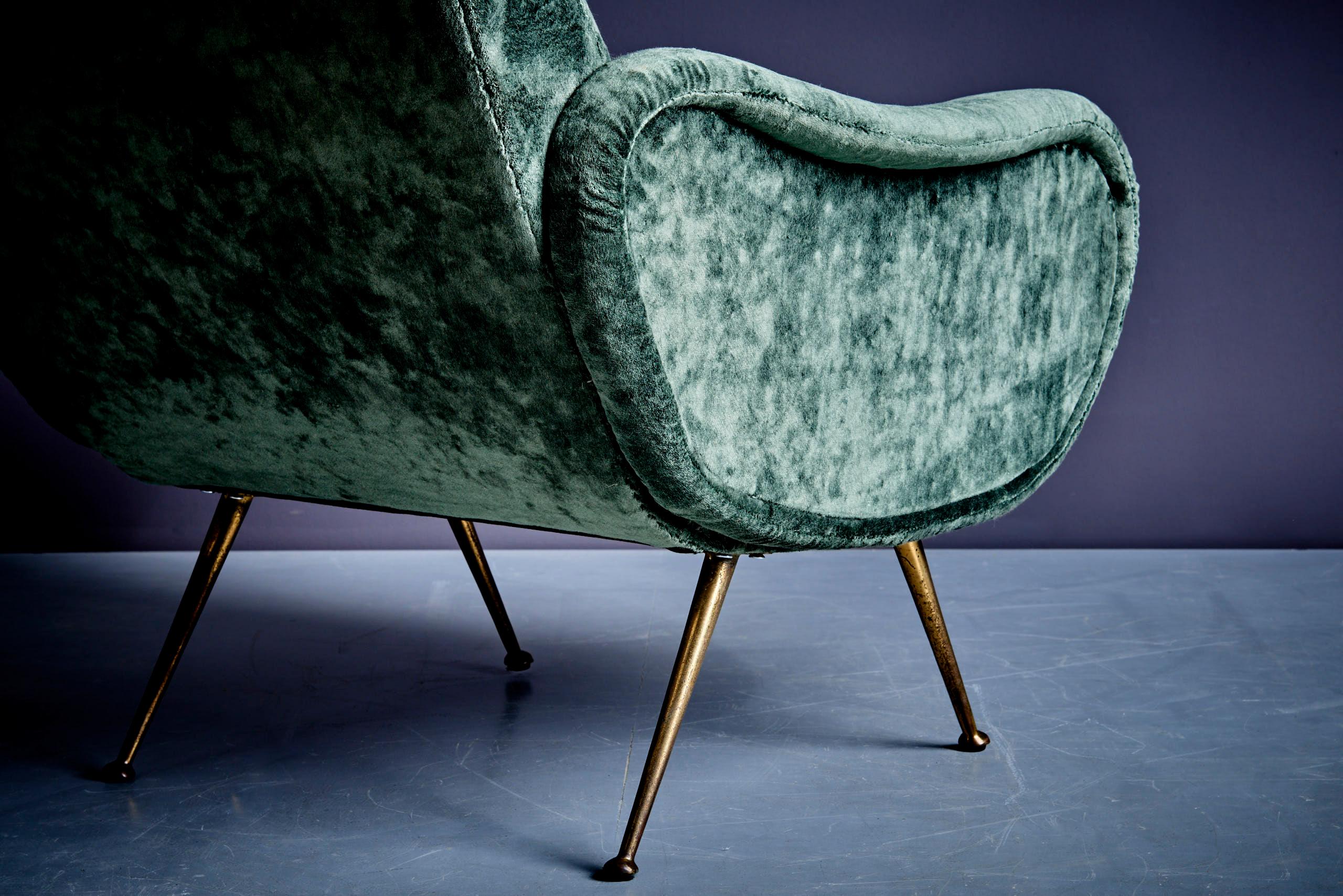 Brass Lounge Chair in the manner of Marco Zanuso upholstered in green Velvet