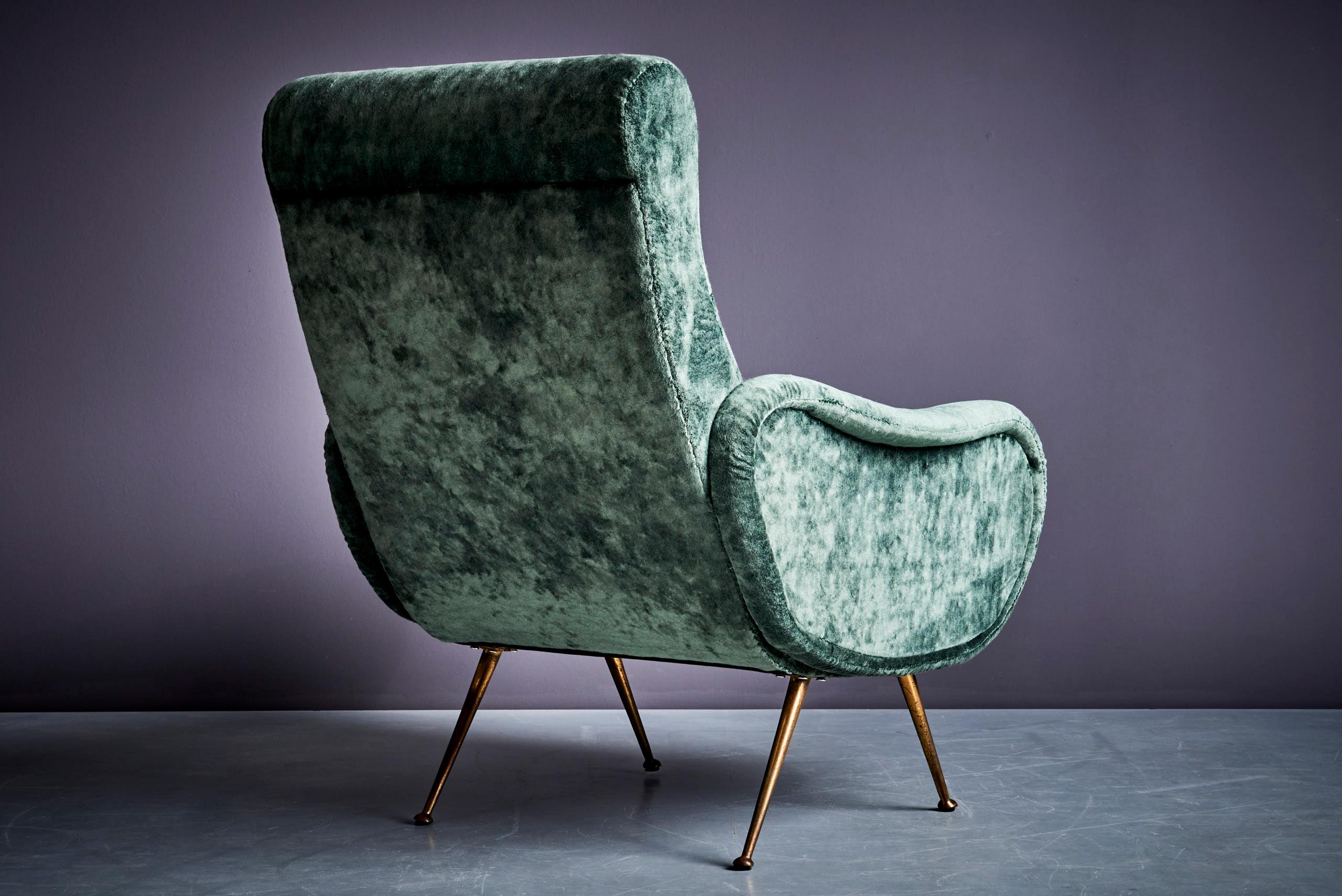 Lounge Chair in the manner of Marco Zanuso upholstered in green Velvet 1